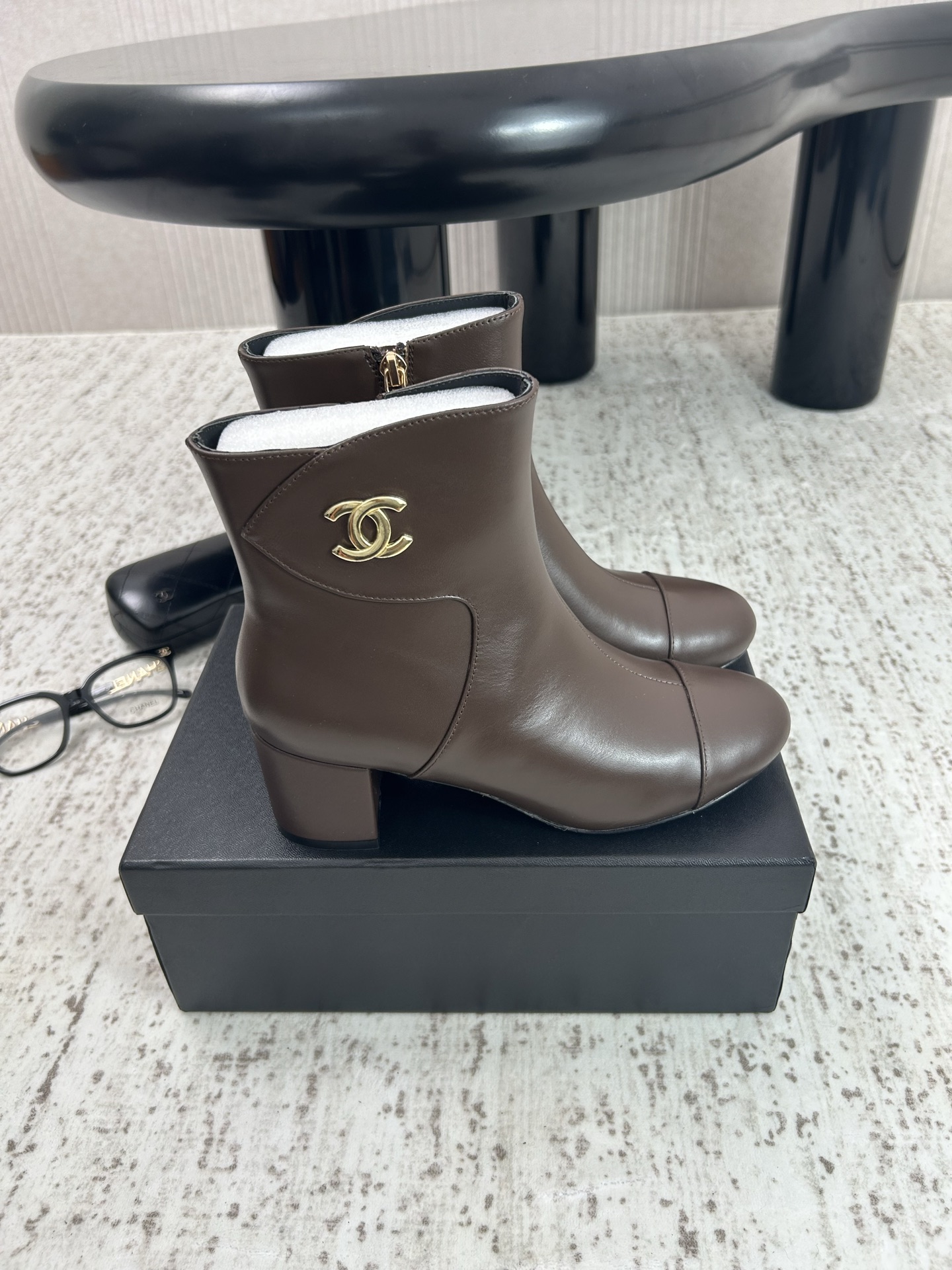 Chanel Brown Logo Block-Heel Ankle Boots
