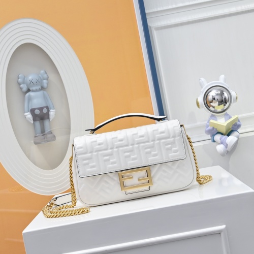 Elegant Embossed Baguette Sheepskin Bag with Chain Strap - White 1 Elegant Embossed Baguette Sheepskin Bag with Chain Strap - White