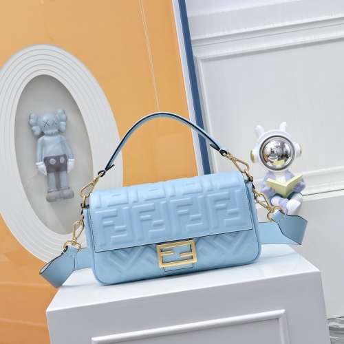 Fendi Baguette 19 Spring Bag, Blue Leather with FF Magnetic Clasp, 26.5x15cm 1 Fendi Baguette 19 Spring Bag, Blue Leather with FF Magnetic Clasp, 26.5x15cm