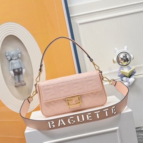 Fendi Baguette FF Embroidery Canvas Shoulder Bag