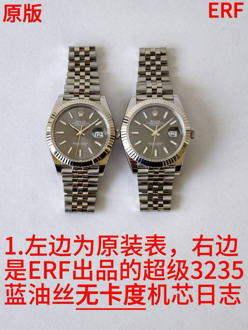 NO:728510,ERF〖The details of the genuine card-free movement are “the same as the original version”〗 All the surprises are derived from continuous breakthroughs, cloning another super copy in the history of card-free movements. ERF factory’s latest log-type DATEJUST41 series-131.5 grams weight-increased version (the official weight of the whole watch is about 133 grams). Equipped with Shanghai Jinghe's new generation card-free Cal. movement, breaking through the limits of traditional craftsmanship, with a blue hairspring + card-free inertia adjustment structure (weight adjustment idea), the structural look and technical route of the balance wheel area are infinitely close to the core features of the original Cal. The disc surface is made of sunburst pattern, and as the angle is turned, there will be a delicate original light and shadow diffusion effect! The proportions of the bar and nail scales are more coordinated, the 12 o'clock crown mark has a clearer three-dimensional effect, the edges of the word nails are sharper, and it uses a sapphire crystal high-lens surface, and the transparency and AR coating reflection are closer to the original! The details of the entire watch are full of sincerity, and it must be a high-quality product produced by ERF.19860909ERF〖细节真正无卡度机芯“原版一致”〗 所有的惊艳——都源自于不断地突破,克隆无卡度机芯史上又一款超级副本ERF工厂最新日志型DATEJUST41系列——131.5克增重版（官方整表重量约133克左右）. 搭载上海靖和全新一代无卡度Cal.机芯,突破传统工艺极限,蓝色游丝+无卡度惯性调校结构（砝码调校思路）,摆轮区结构观感与技术路线无限贴近原装 Cal.的核心特征,夹板全新升级打磨不仅让人眼前一亮,并且稳定性与仿真度显著提升. 选用904L钢材,拉丝与抛光的光影层次更接近原版质感！盘面采用太阳饰纹打底,随着角度转动会有细腻的原版光影扩散效果！条钉刻度比例更协调、12点位皇冠标立体感更清晰、字钉边缘更利落、采用蓝宝石水晶高透镜面,通透度与AR镀膜反光更贴近原装！整表细节之处,满满皆是诚意,ERF出品 必属精品.,,Watch