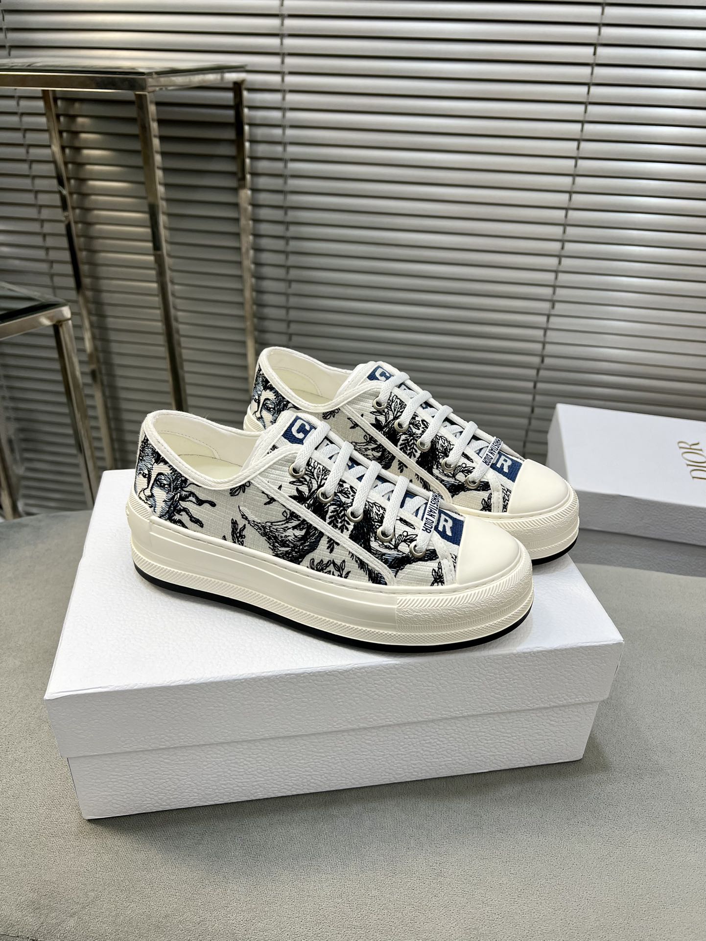 Dior Walk'n'Dior Embroidered Canvas Sneakers, Thick Sole, Comfortable