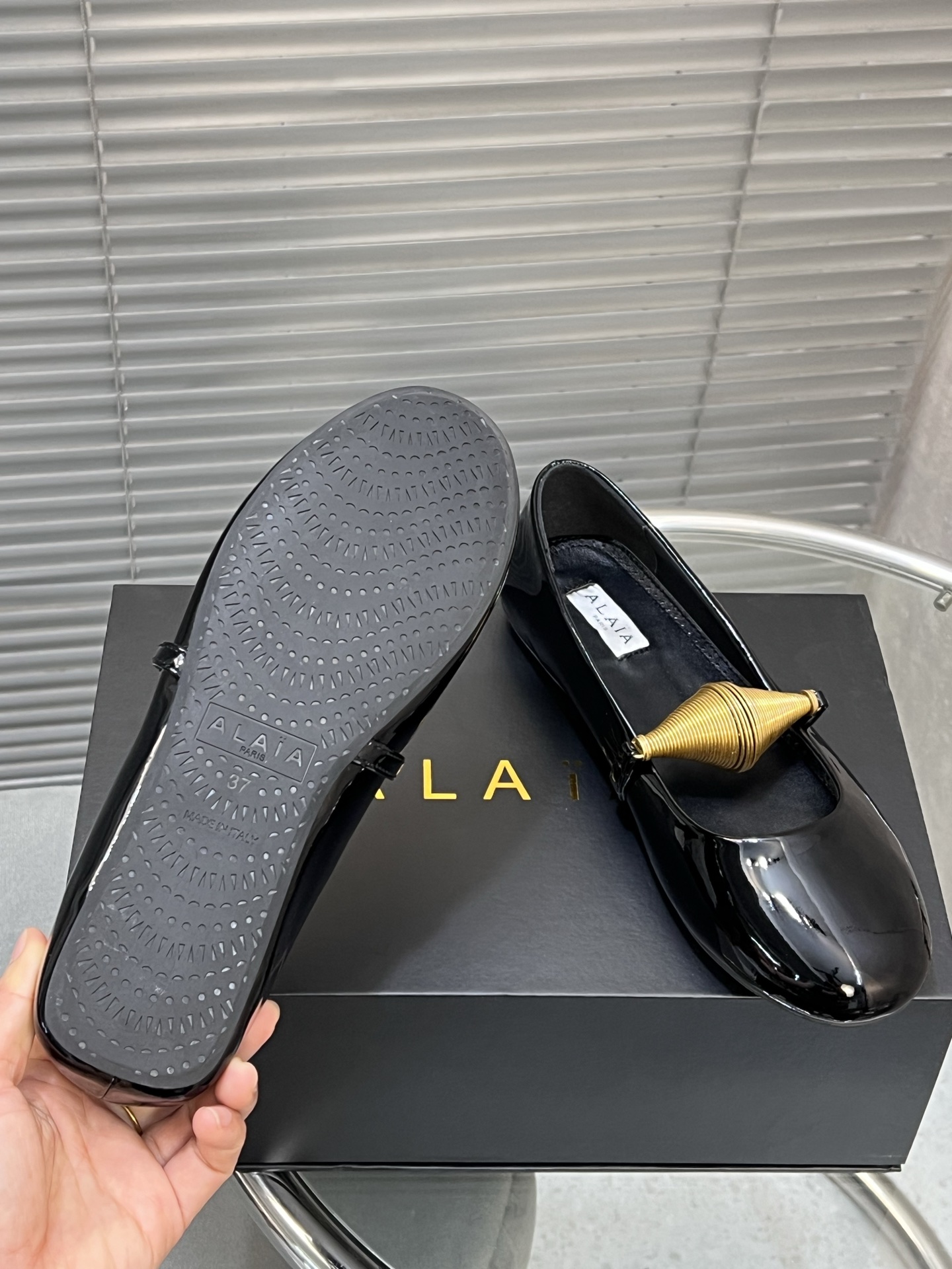 Alaia Women's Black Patent Leather Ballet Flats with Gold Accent 10 i1745378795865 2599 0 8