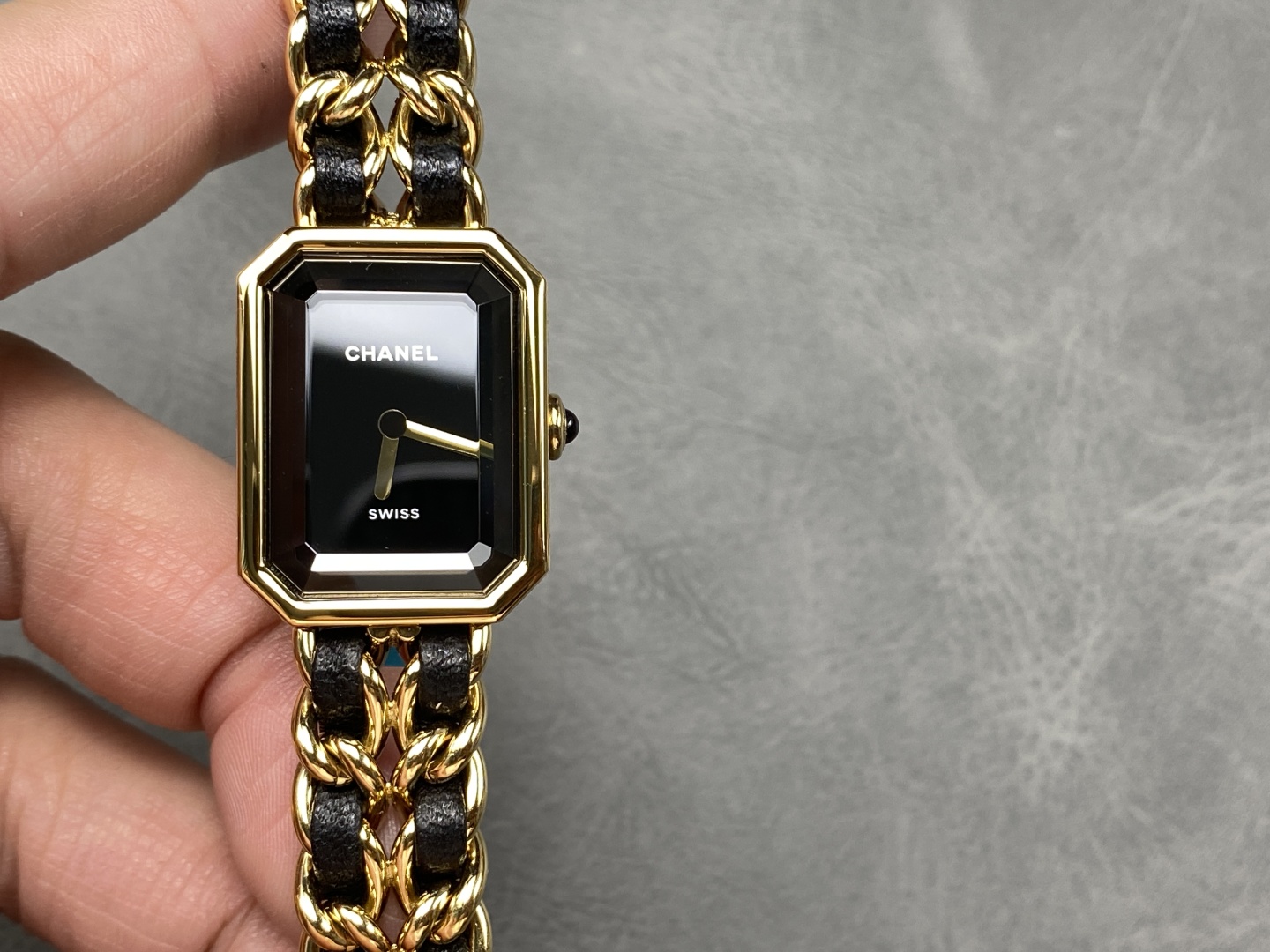 Chanel Première Vintage Watch: Gold-Tone Steel, Leather Strap, Black Dial