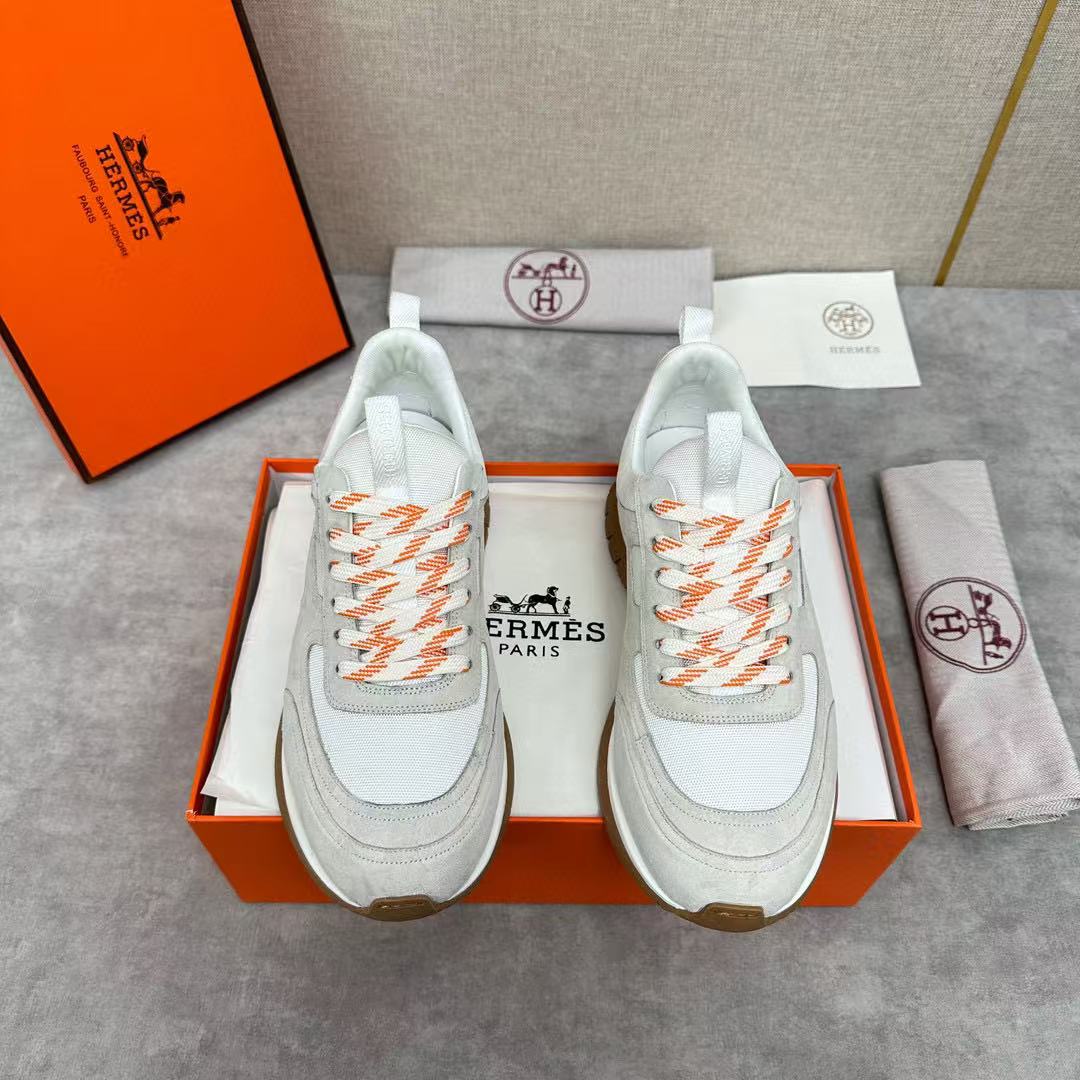 Hermes Shoes Sneakers White Splicing Canvas Cowhide Rubber Sweatpants