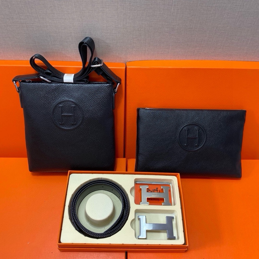 Hermès leather belt and bag gift set, shown in the complete original source image set.