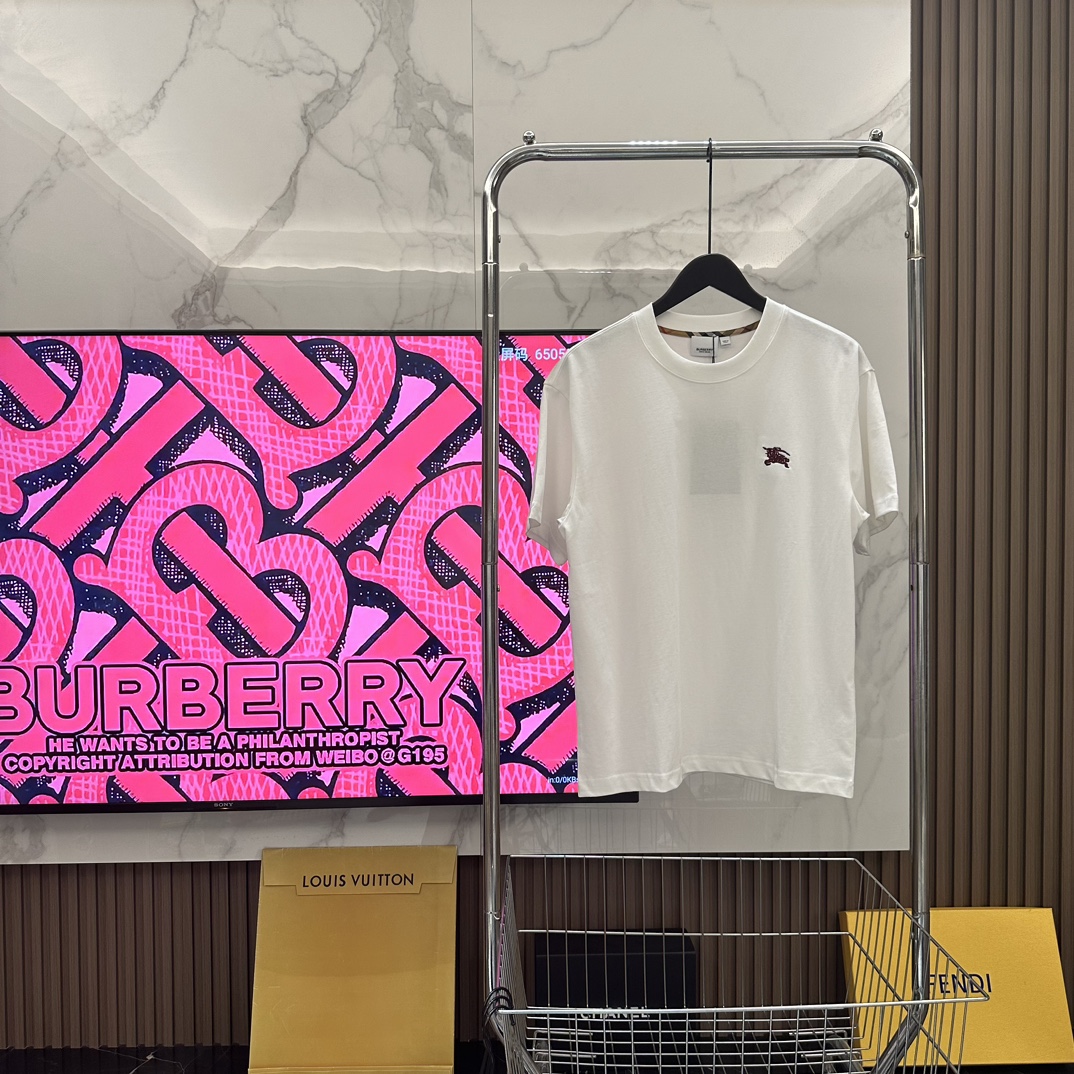 Burberry Kleidung T-Shirt Schwarz Weiß Stickerei Unisex Sommerkollektion Kurzarm