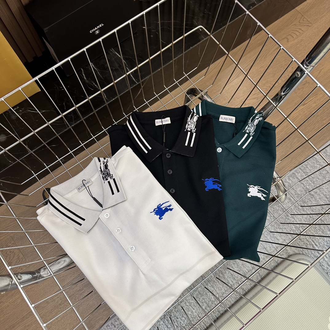 Burberry Kleidung Polo T-Shirt Schwarz Grün Weiß Stickerei Unisex Baumwolle Sommerkollektion Fashion
