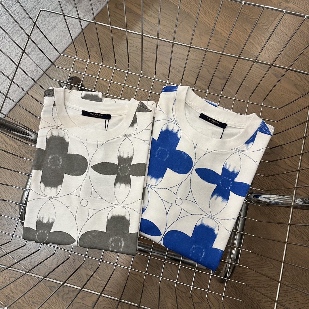 Louis Vuitton Vêtements T-Shirt Bleu Gris Imprimé Coton Série d’été Fashion Manches courtes