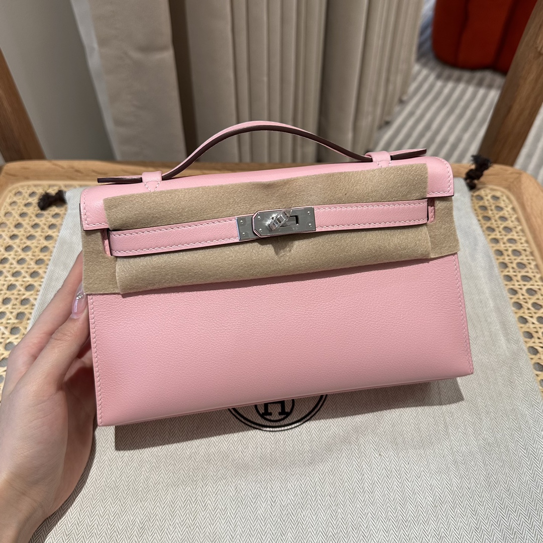 Hermès mini kelly1, 3Q/Rose sakura, swift, sliver, all handmade!!