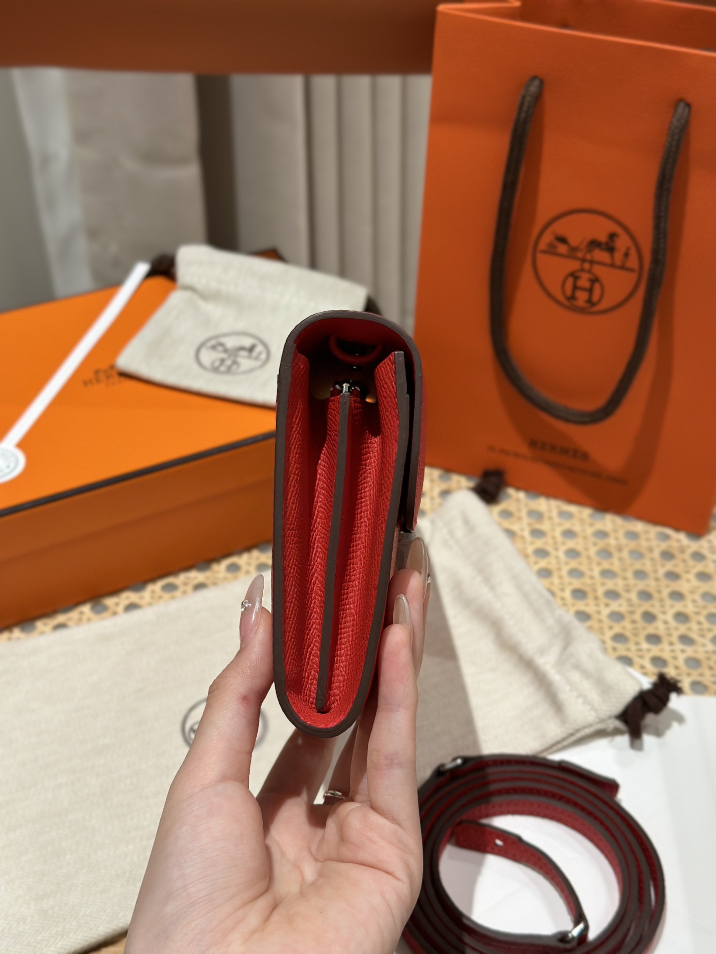 Hermès Handmade Constance Constance to go, heart red, palm print leather, silver buckle WOC series