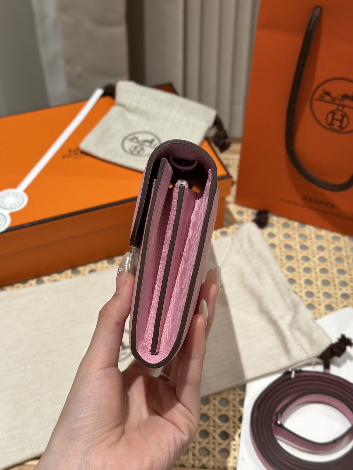 Hermès Handmade Constance Constance to go, mallow purple, palm print leather, silver buckle woc series