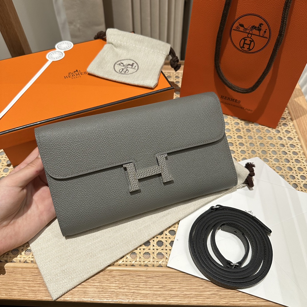 Hermès Handmade Constance Constance to go, pewter gray, palm print leather, lizard silver buckle woc series