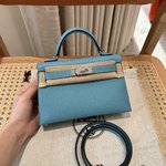 Hermes Kelly Handbags Crossbody & Shoulder Bags Blue Silver Hardware Cowhide Epsom Mini