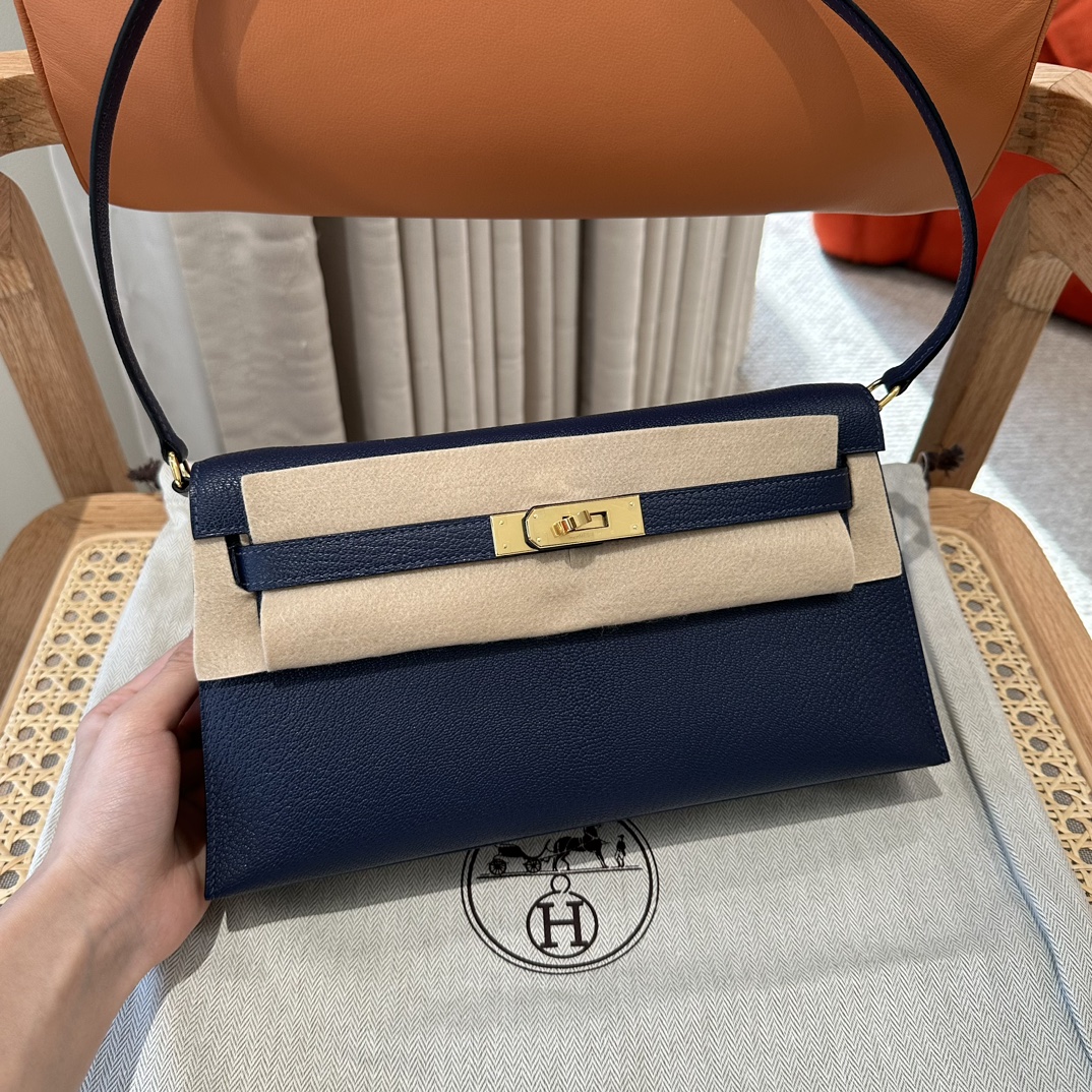 Hermes Kelly Crossbody & Shoulder Bags Blue Gold Hardware Goat Skin Sheepskin Underarm