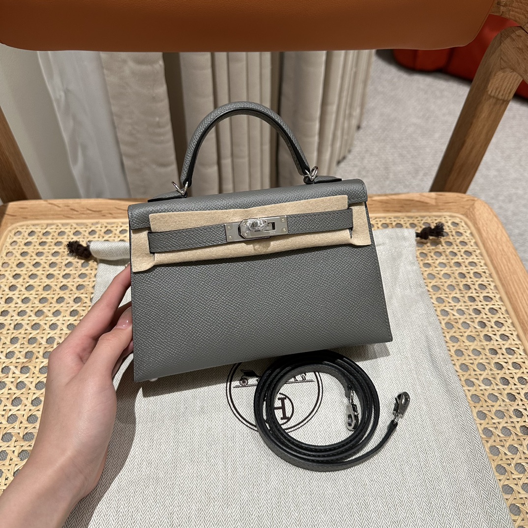 Hermes Kelly Handbags Crossbody & Shoulder Bags High Quality
 Grey Silver Hardware Cowhide Epsom Mini