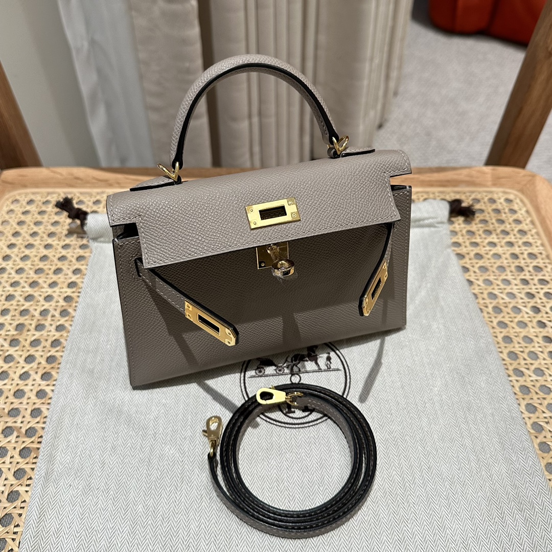 Store
 Hermes Kelly Handbags Crossbody & Shoulder Bags Gold Grey Hardware Cowhide Epsom Mini