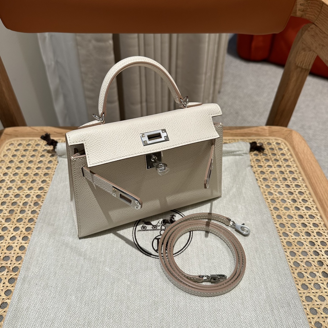 Hermes Kelly Handbags Crossbody & Shoulder Bags Milkshake White Silver Hardware Cowhide Epsom Mini