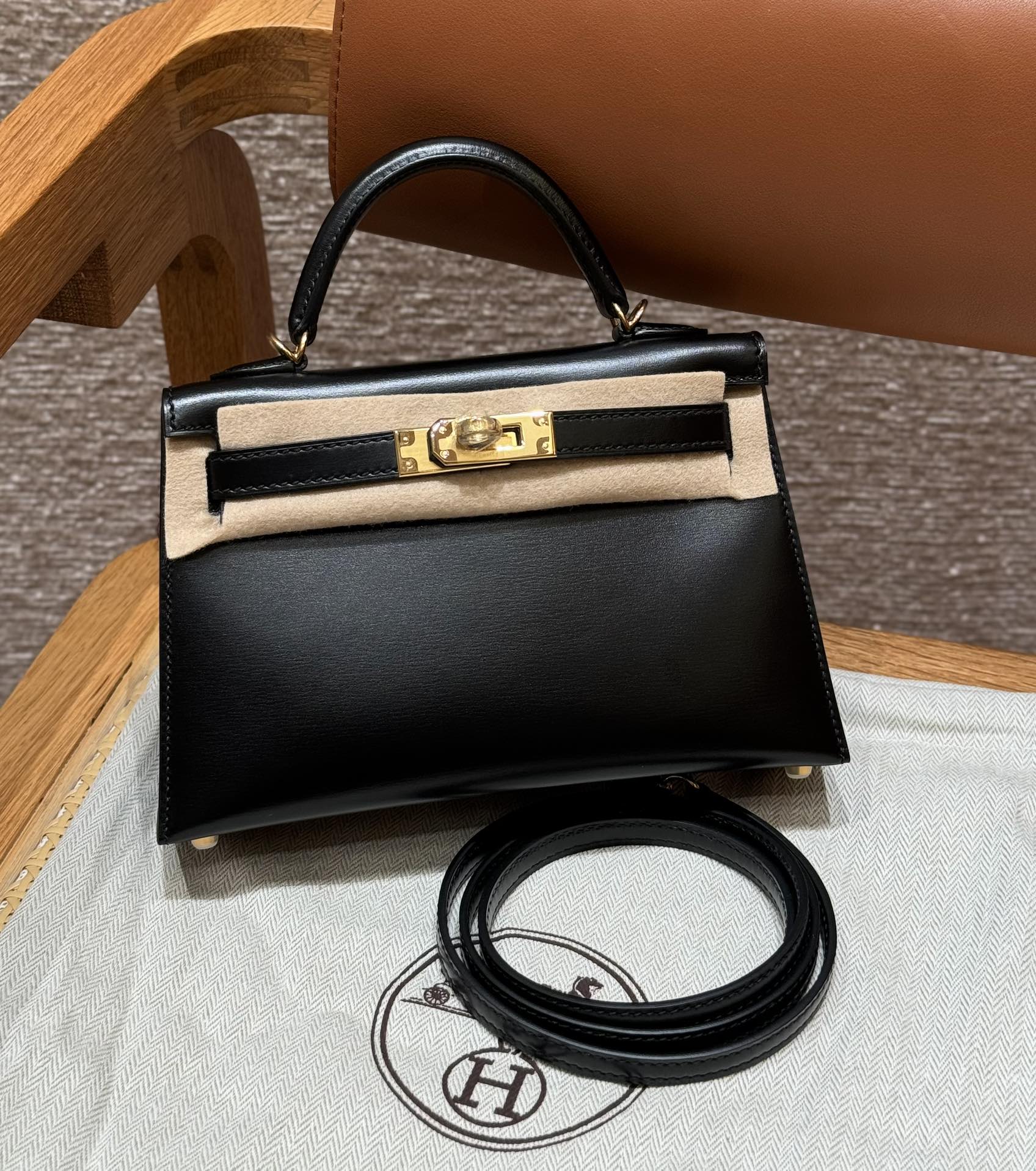 Hermes Kelly Handbags Crossbody & Shoulder Bags Black Gold Hardware Cowhide Mini