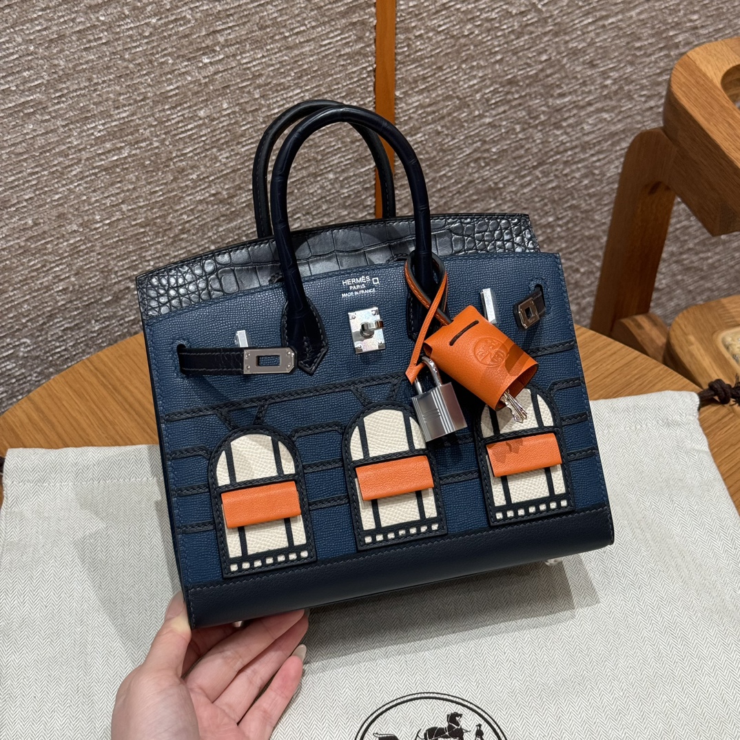 Ручная сумка темно-синяя с контрастными окнами Hermès