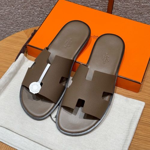 Hermès Men's Epsom Calfskin Leather Slippers - Etoupe - Handmade 1 Hermès Men's Epsom Calfskin Leather Slippers - Etoupe - Handmade