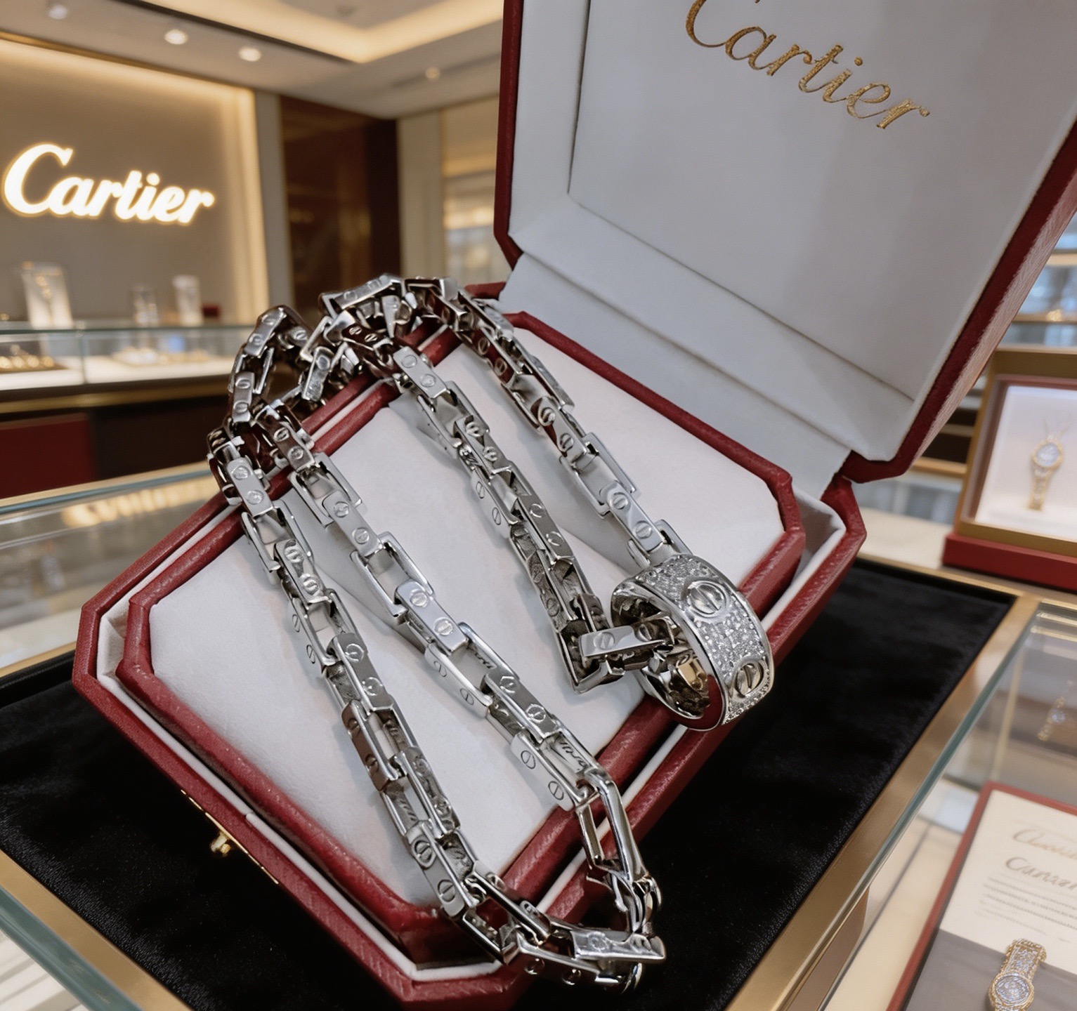 NO:819019,The new V gold material series of Cartier necklaces with diamonds is in perfect condition, the details are invincible, the unique color is completely impeccable, and it is decorated with a classic ring shape design, which is simple yet elegant and eye-catching. The V gold pure handmade combination is more elegant and elegant. The same style for men and women, fine jewelry, cartier, necklace19860909新款带钻卡地亚项链V金材质系列 品相完美,细节无敌,那种独特的色泽完全无可挑剔,再缀以经典指环外形设计,简约之余却又优雅夺目,V金纯手工的组合更显气色,上手雅致动人.男女同款,饰品精品,cartier,necklace,Jewelry