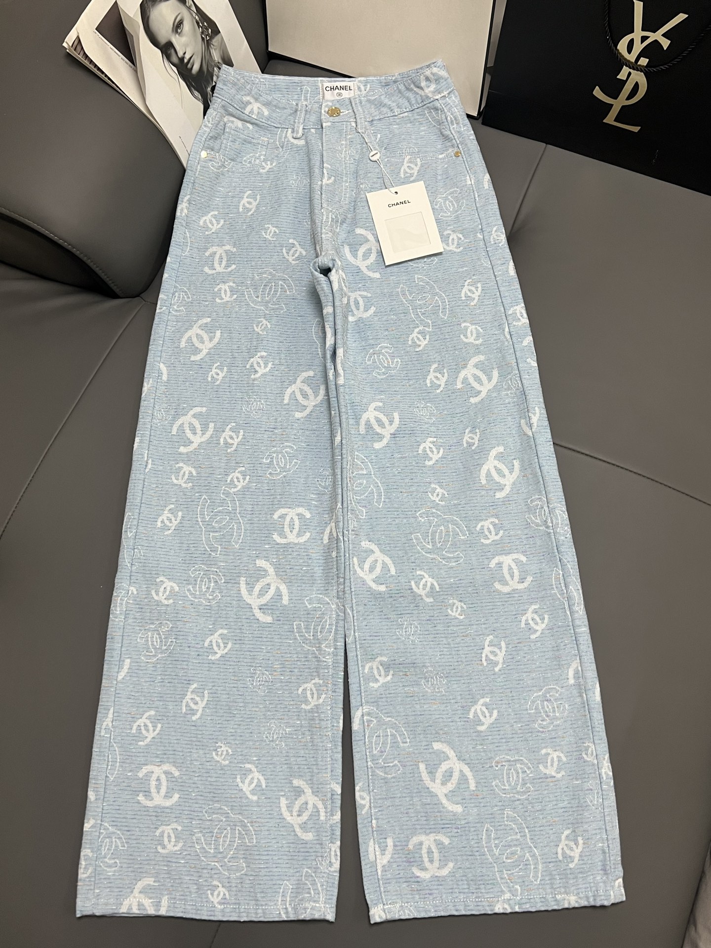 Chanel High-Waisted Wide-Leg Jeans with Allover Logo Print in Light Blue