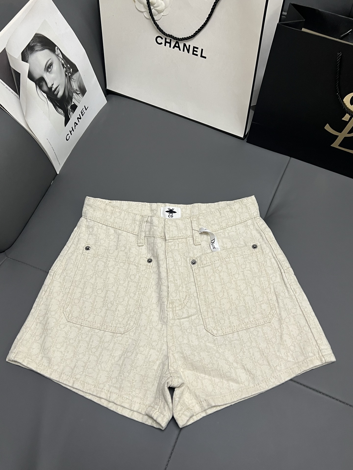 Dior Bee Embroidered Allover Logo Shorts - Luxury Denim Summer Essential
