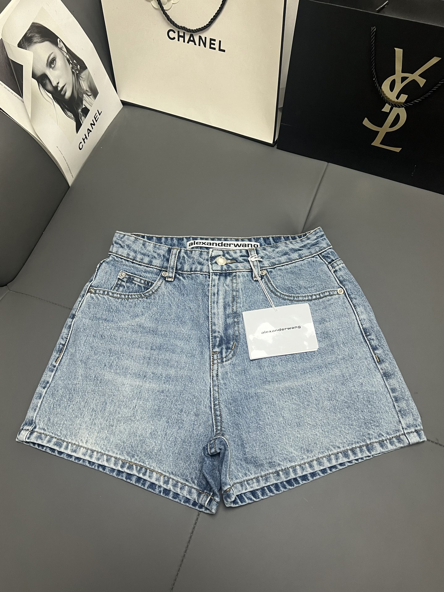 Alexander Wang Denim Rhinestone Letter Shorts High Waist Blue Summer