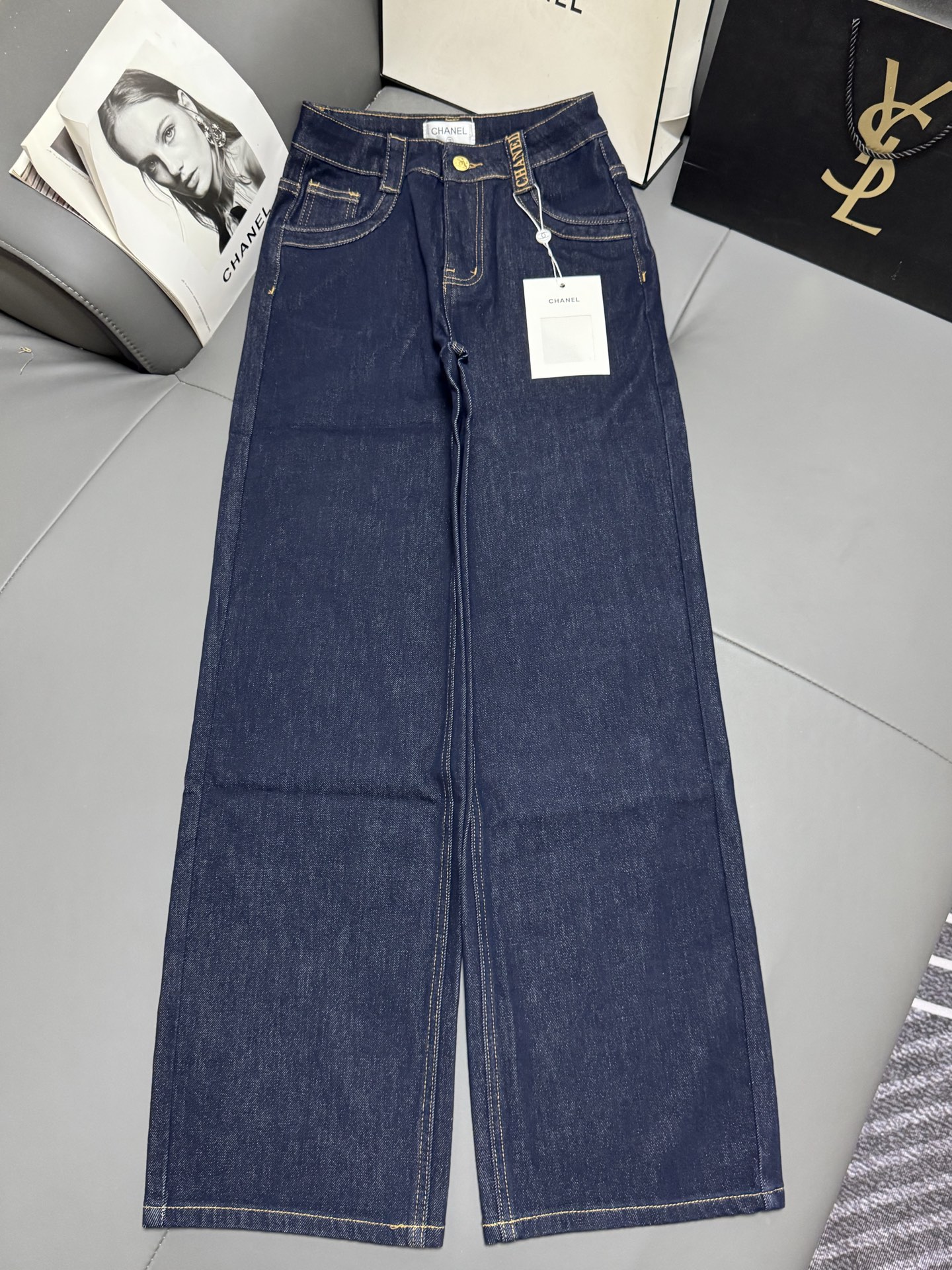 CH Chanel Style 25' New Denim Straight-Leg Jeans with Logo Waistband