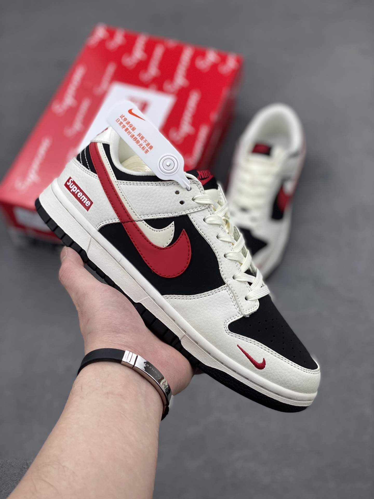 Nike SB Dunk Low x Supreme White Black Red, Premium Leather, Authentic Design