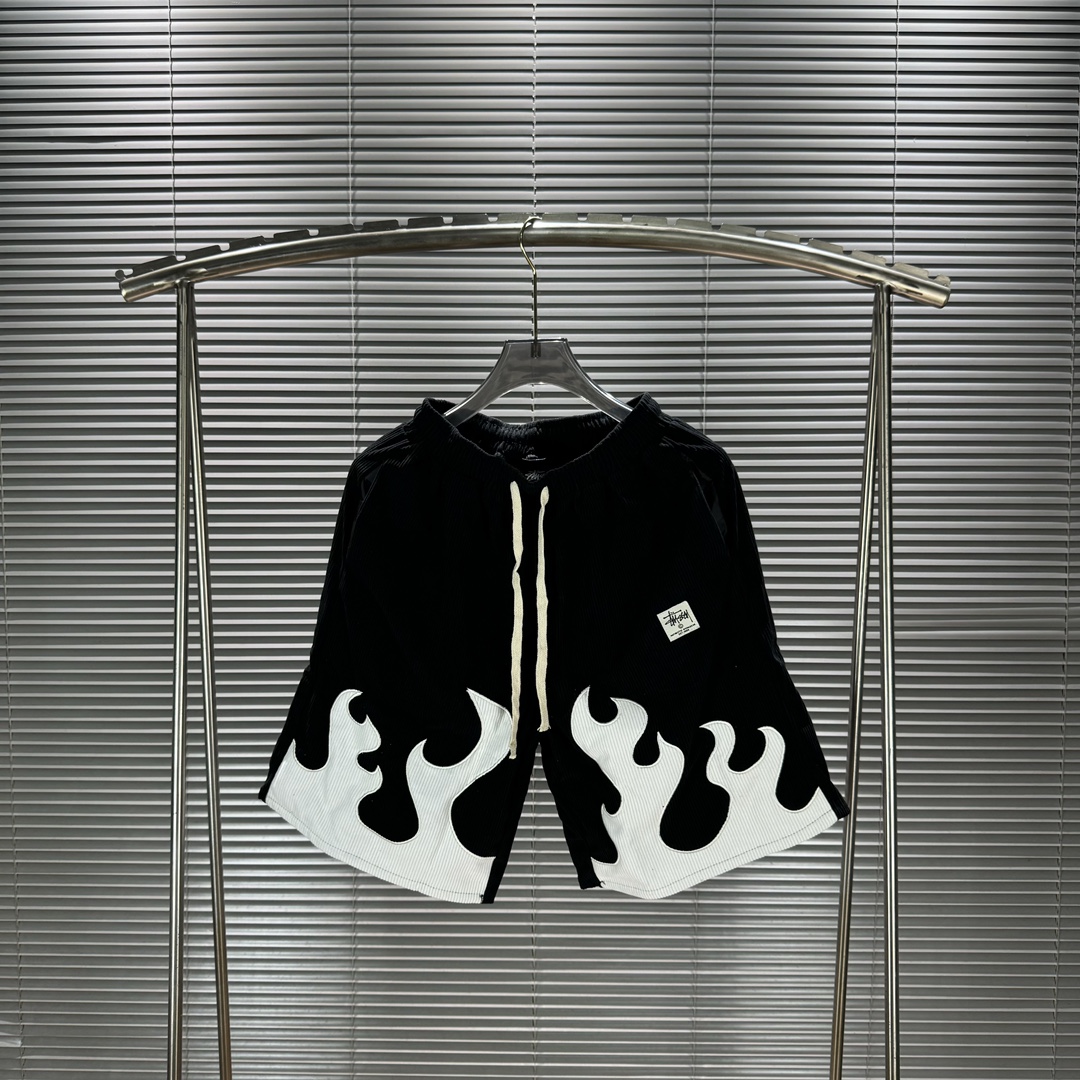 Stussy 2024FW High Street Five-Minute Shorts with Flames Embroidery in Black and White - 图片 2