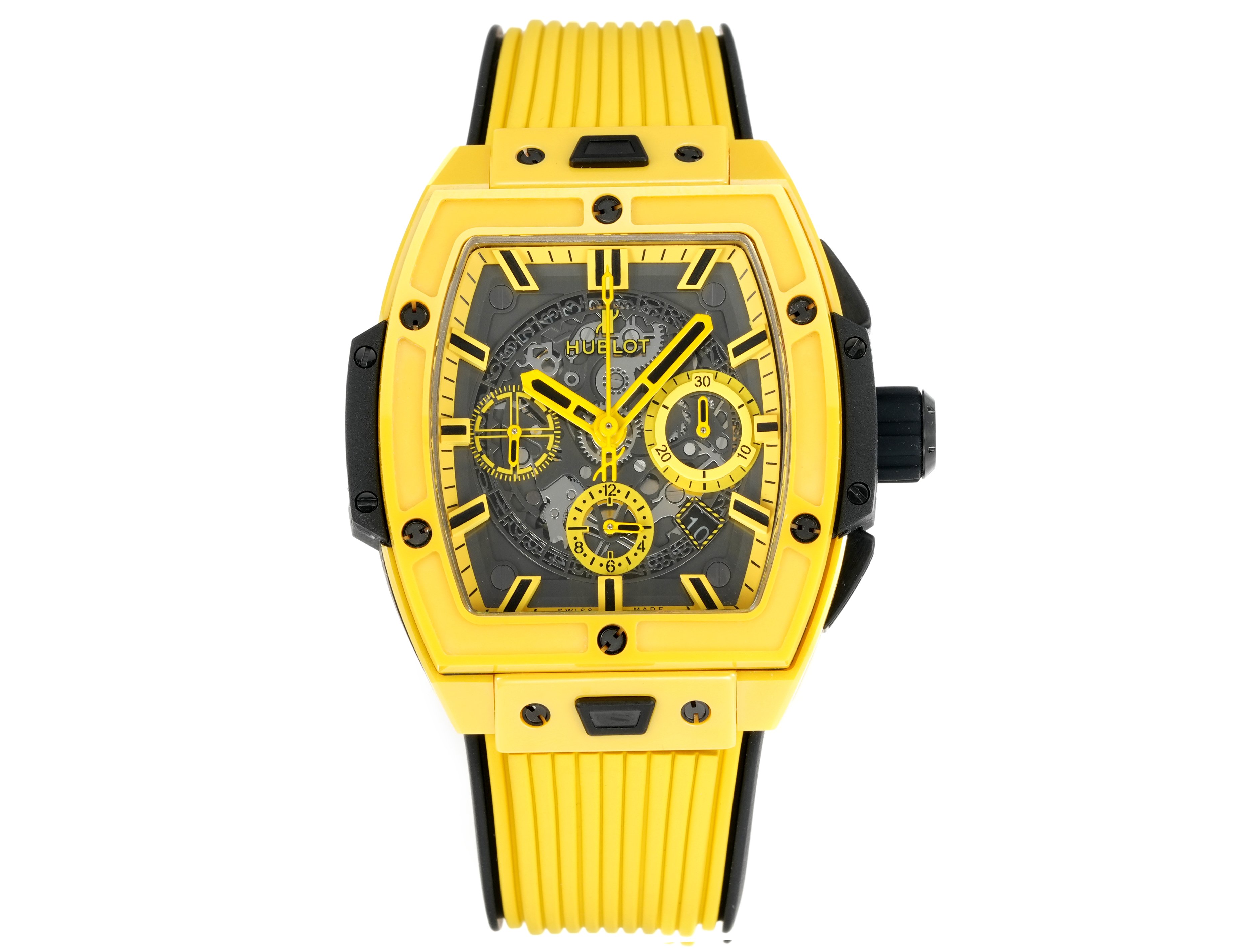 NO:388190,Produced by MS Ceramic White, Black, Yellow MS Hublot HUBLOT-New Color 'Ceramic Craft' Soul BIG BANG Series HB1 Inspired by racing, launches a new Spirit of Big Bang limited edition wrist!  The watch combines all the iconic elements of the Spirit of Big Bang series with a new wine barrel-shaped all-ceramic case. The case is made of titanium metal and resin material, and uses six H-shaped screws to build a 'sandwich' structure, conveying the concept of 'fusion technology', perfectly replicating the exclusive custom HUB movement, original folding buckle, and customized fluoroelastic strap. The watch is equipped with a 'one-click' quick change strap system. The wearer can easily and quickly replace the strap with just a light press!  The best luxury recommendation for gifts, please be sure of MS exclusive quality,19860909MS 出品 陶瓷白 黑 黄  MS 宇舶 HUBLOT-全新彩色“陶瓷工艺” 灵魂BIG BANG系列 HB1 以赛车为灵感,推出全新Spirit of Big Bang限量腕！腕表结合Spirit of Big Bang系列的所有标志性元素,全新酒桶形全陶瓷表壳.表壳应用钛金属跟树脂材料,借助六枚H型螺丝构建“三明治”结构,传达“融合的技术”的理念,完美复刻独家定制HUB机芯,原装折叠表扣,订制氟橡胶表带,腕表配有“一键式”快速更换表带系统,佩戴者只需轻轻一按,即可以轻松快捷地替换表带！送礼最佳奢华推荐请认准MS 独家品质,,Watch