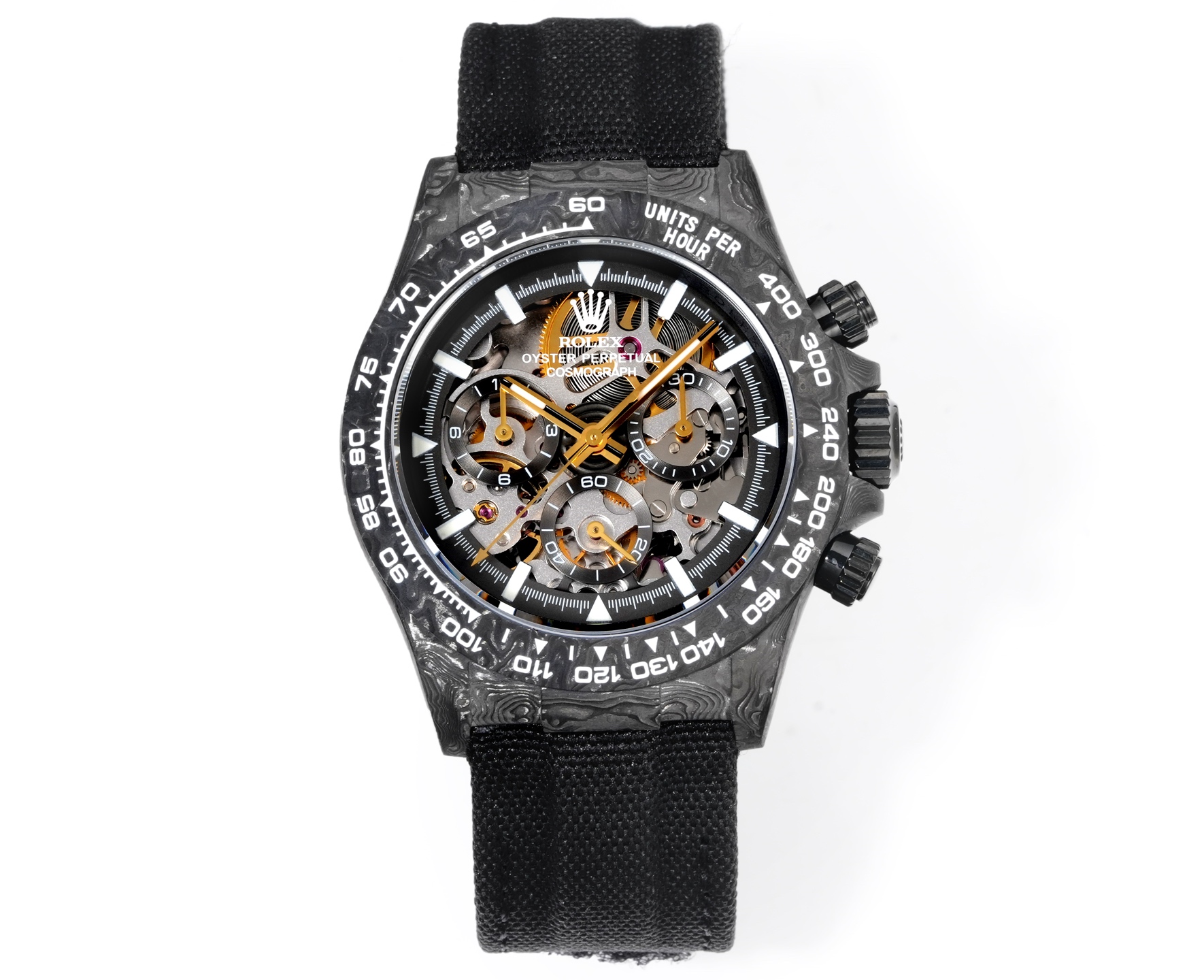 TW Factory ROLEX宇宙计时迪通拿系列之碳纤维定制版,腕表不仅佩戴轻便,外表坚硬.且每一只腕表都拥有独一无二的碳纤花纹材质. 【表壳】腕表尺寸40X12.4吻合原装.Tw工厂实力铸造碳纤维劳力士的独特风采.市场独家做到,整个壳套,圈口包括底盖均采用高复合碳纤维和超强夜光粉所打造.细节之处更是经过手工倒角抛光所制.质感非凡.【表带扣】表带采用人工纤维编织带所制,透气舒适,质地柔软.【机芯】采用最新精准而丹东成熟4802机芯,完美实现强大功能,性价比之王