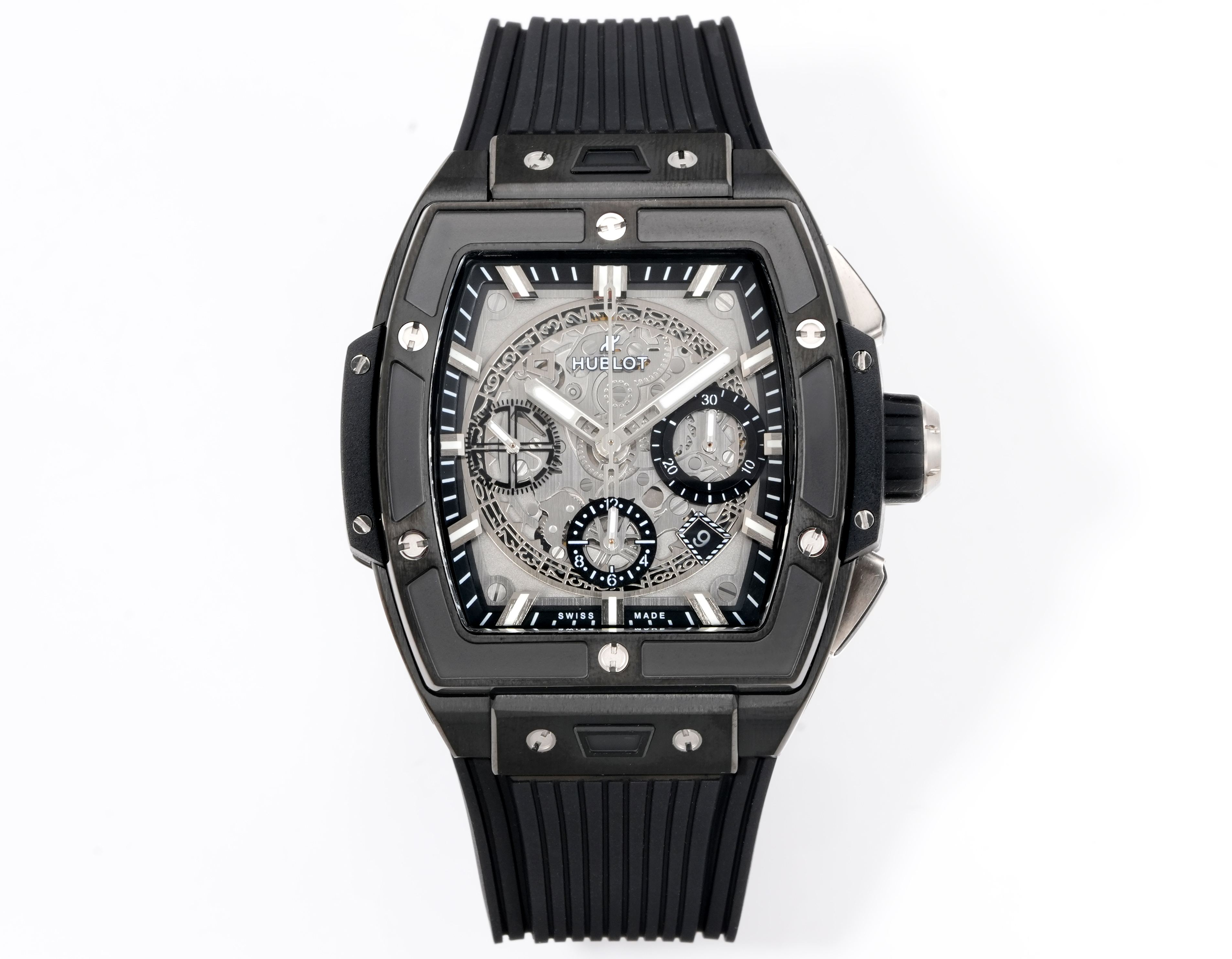 NO:641650,Black OMF V2 upgraded version Hublot HUBLOT soul series BIG BANG series. Model 642.NX..RX Inspired by racing, a new Spirit of Big Bang limited edition watch is launched!  The watch combines all the iconic elements of the Spirit of Big Bang series with a new barrel-shaped case. The case is made of titanium and resin materials, and six H-shaped screws build a 'sandwich' structure to convey the concept of 'fusion of technology'. It perfectly replicates the exclusive customized HUB () movement, upgrades the original folding buckle, and customizes the fluororubber strap. The watch is equipped with a 'one-button' quick-change strap system. The wearer can easily and quickly replace the strap with just one click!  Players are welcome to taste the multi-function mechanical watch,19860909黑 OMF V2 升级版 宇舶 HUBLOT 灵魂系列BIG BANG系列.型号642.NX..RX 以赛车为灵感,推出全新Spirit of Big Bang限量腕！腕表结合Spirit of Big Bang系列的所有标志性元素,全新酒桶形表壳.表壳应用钛金属跟树脂材料,六枚H型螺丝构建“三明治”结构,传达“融合的技术”的理念,完美复刻独家定制HUB()机芯,升级原装折叠表扣,订制氟橡胶表带,腕表配有“一键式”快速更换表带系统,佩戴者只需轻轻一按,即可以轻松快捷地替换表带！欢迎玩家品鉴多功能机械腕表,,,Watch