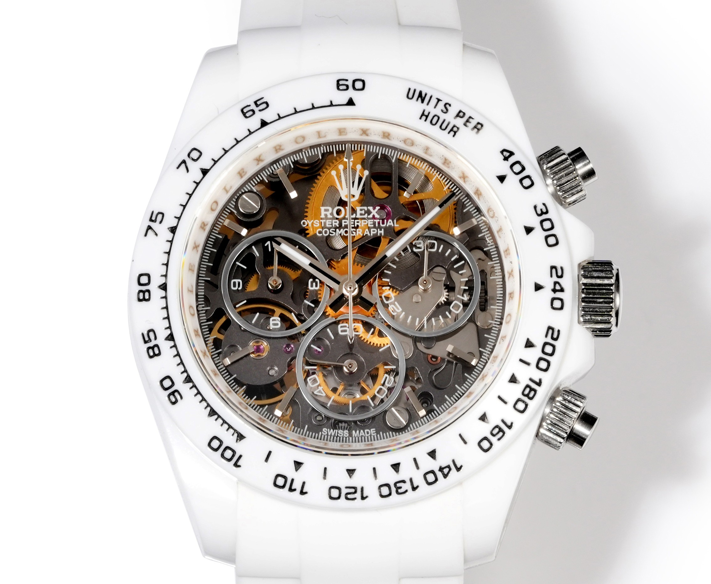Rolex Cosmograph Daytona white ceramic case / bezel, skeleton dial, white rubber strap 40mm Men's Automatic