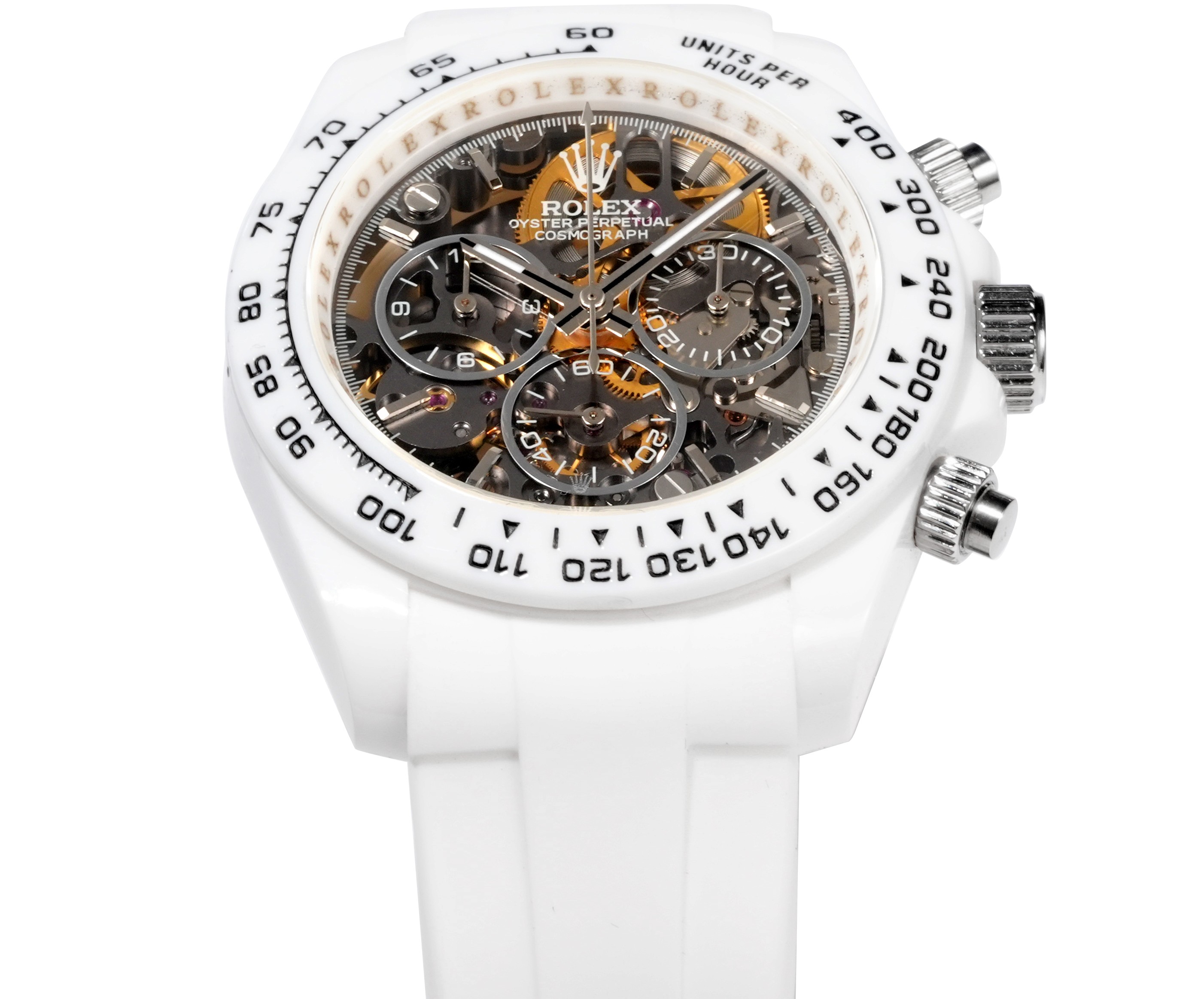 Rolex Cosmograph Daytona white ceramic case / bezel, skeleton dial, white rubber strap 40mm Men's Automatic