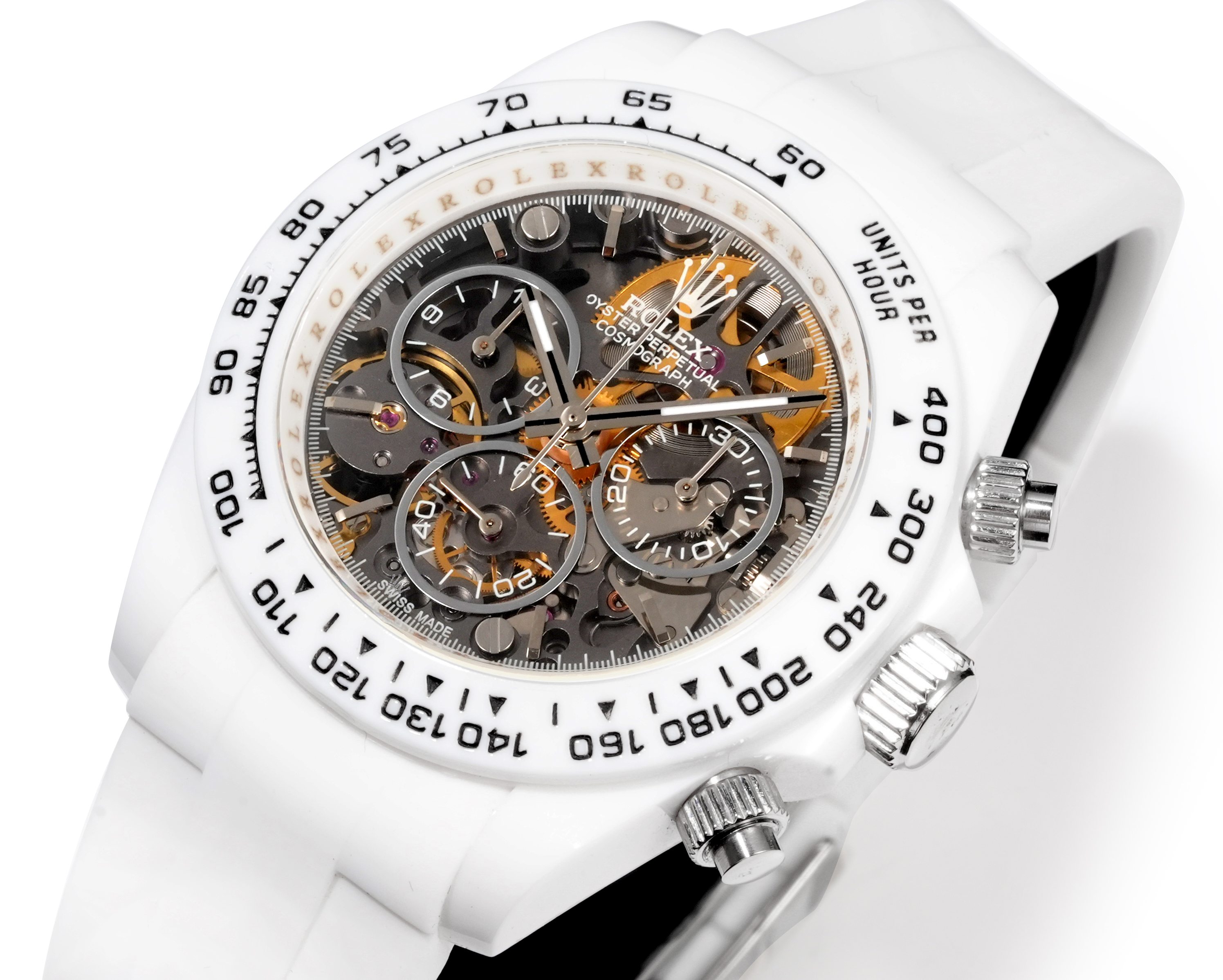 Rolex Cosmograph Daytona white ceramic case / bezel, skeleton dial, white rubber strap 40mm Men's Automatic
