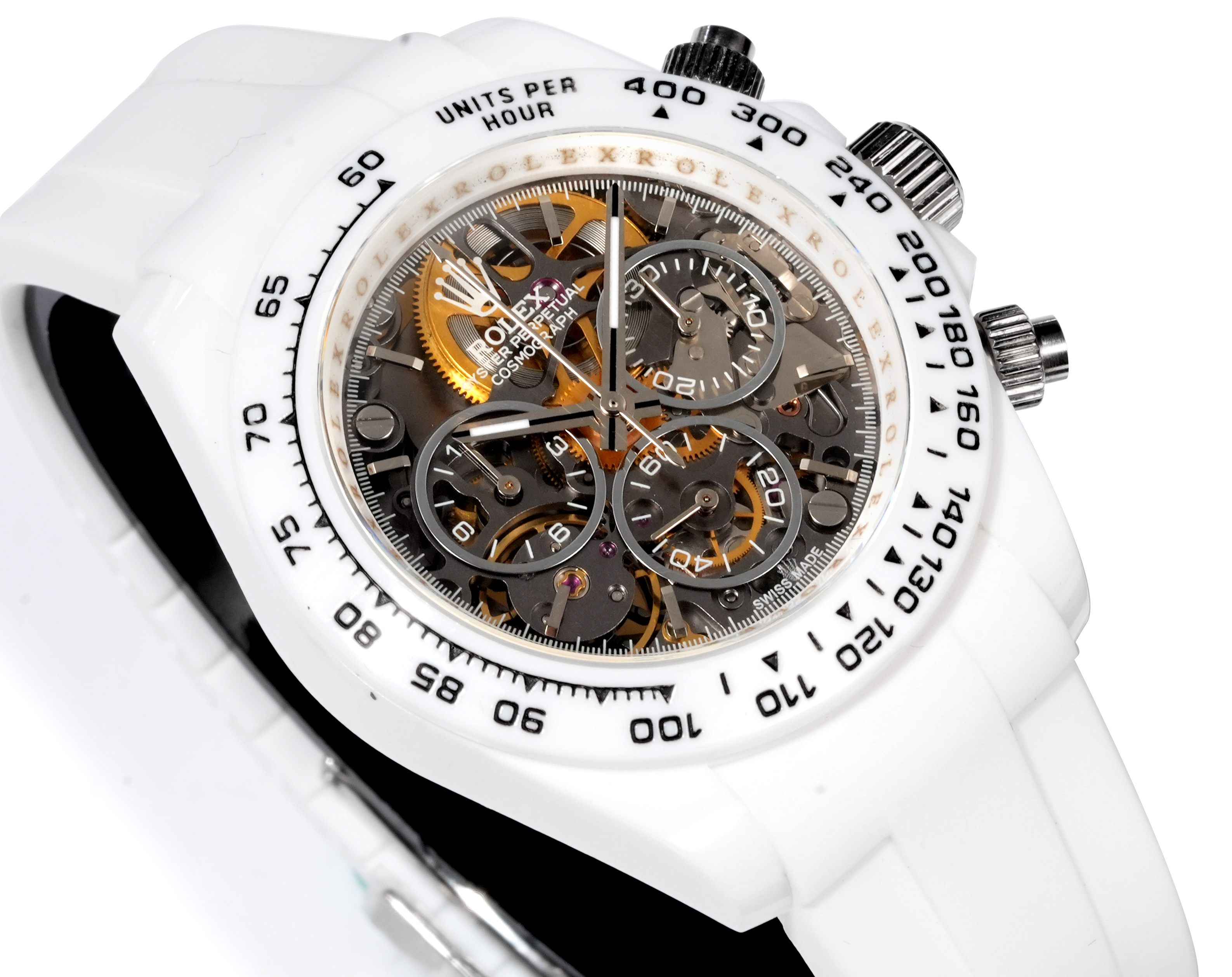 Rolex Cosmograph Daytona white ceramic case / bezel, skeleton dial, white rubber strap 40mm Men's Automatic
