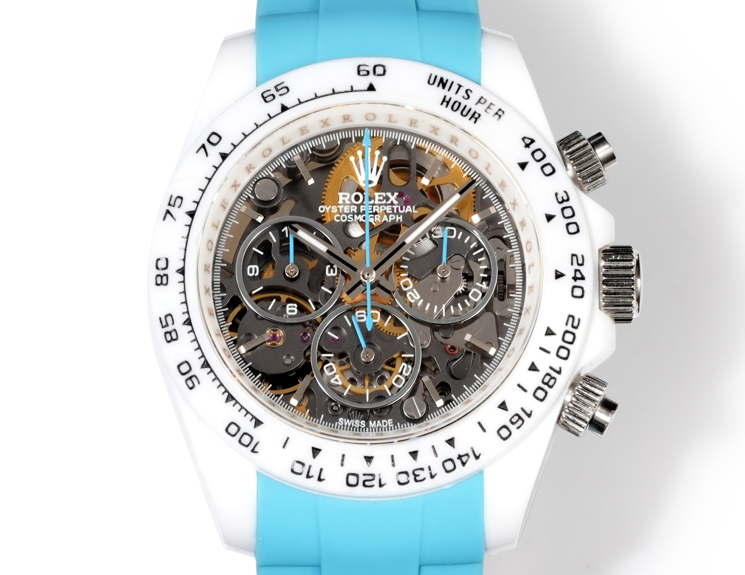 Rolex Cosmograph Daytona white case / blue rubber strap / skeleton black dial 40mm Men's Automatic