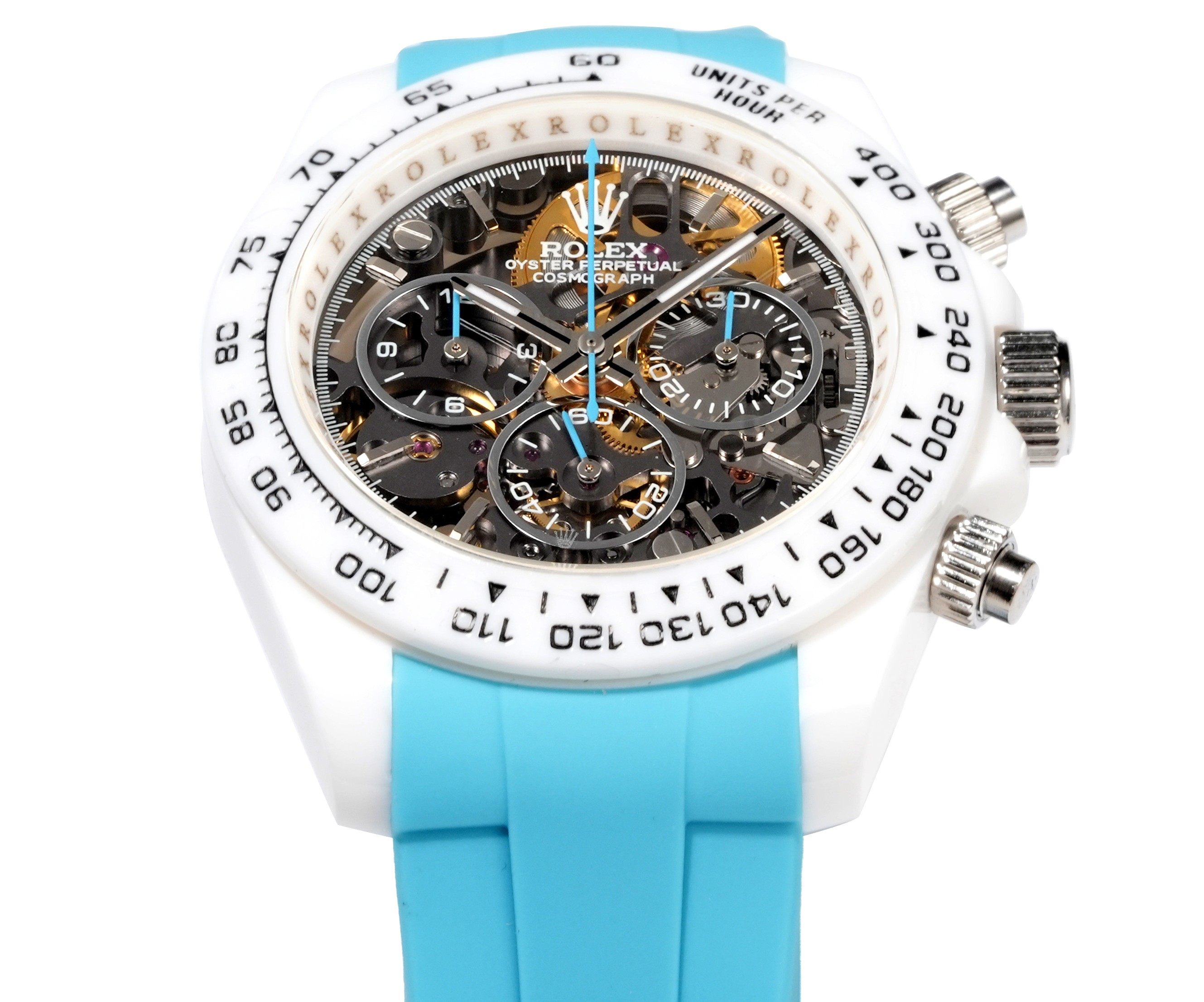 Rolex Cosmograph Daytona white case / blue rubber strap / skeleton black dial 40mm Men's Automatic