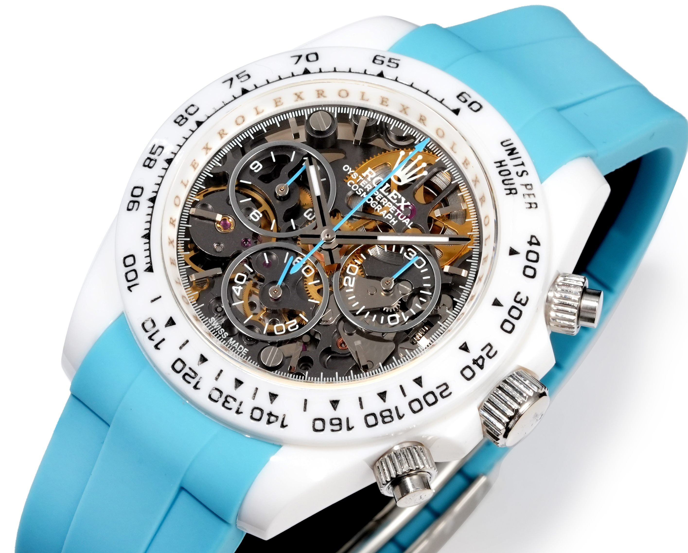 Rolex Cosmograph Daytona white case / blue rubber strap / skeleton black dial 40mm Men's Automatic