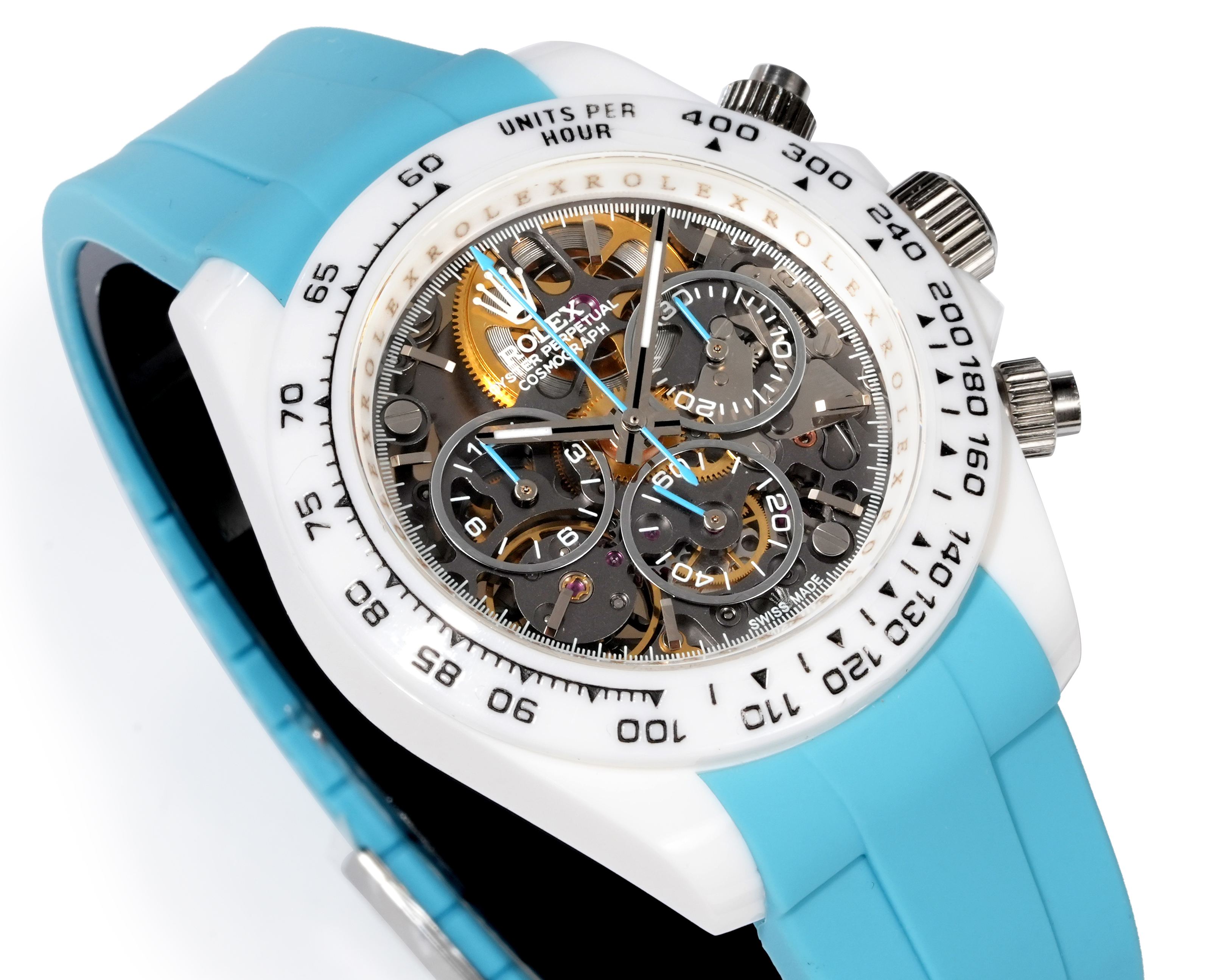 Rolex Cosmograph Daytona white case / blue rubber strap / skeleton black dial 40mm Men's Automatic
