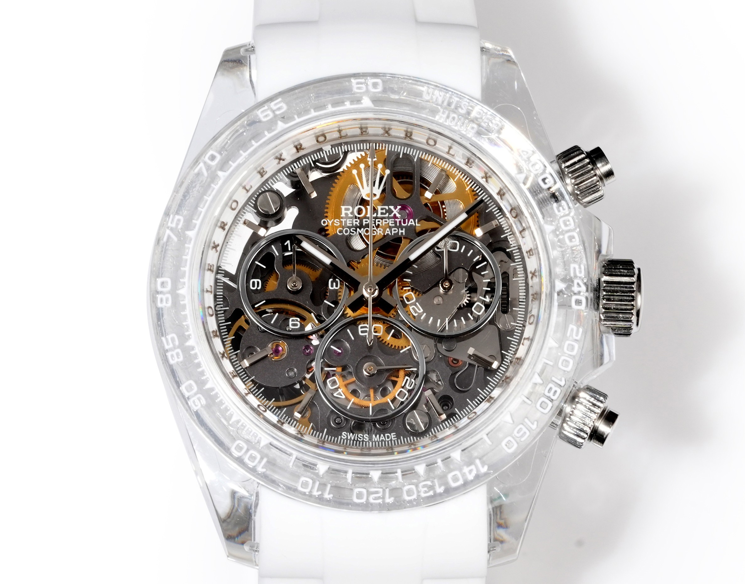 Rolex Cosmograph Daytona transparent case / bezel, skeleton dial, white strap 40mm Men's Automatic