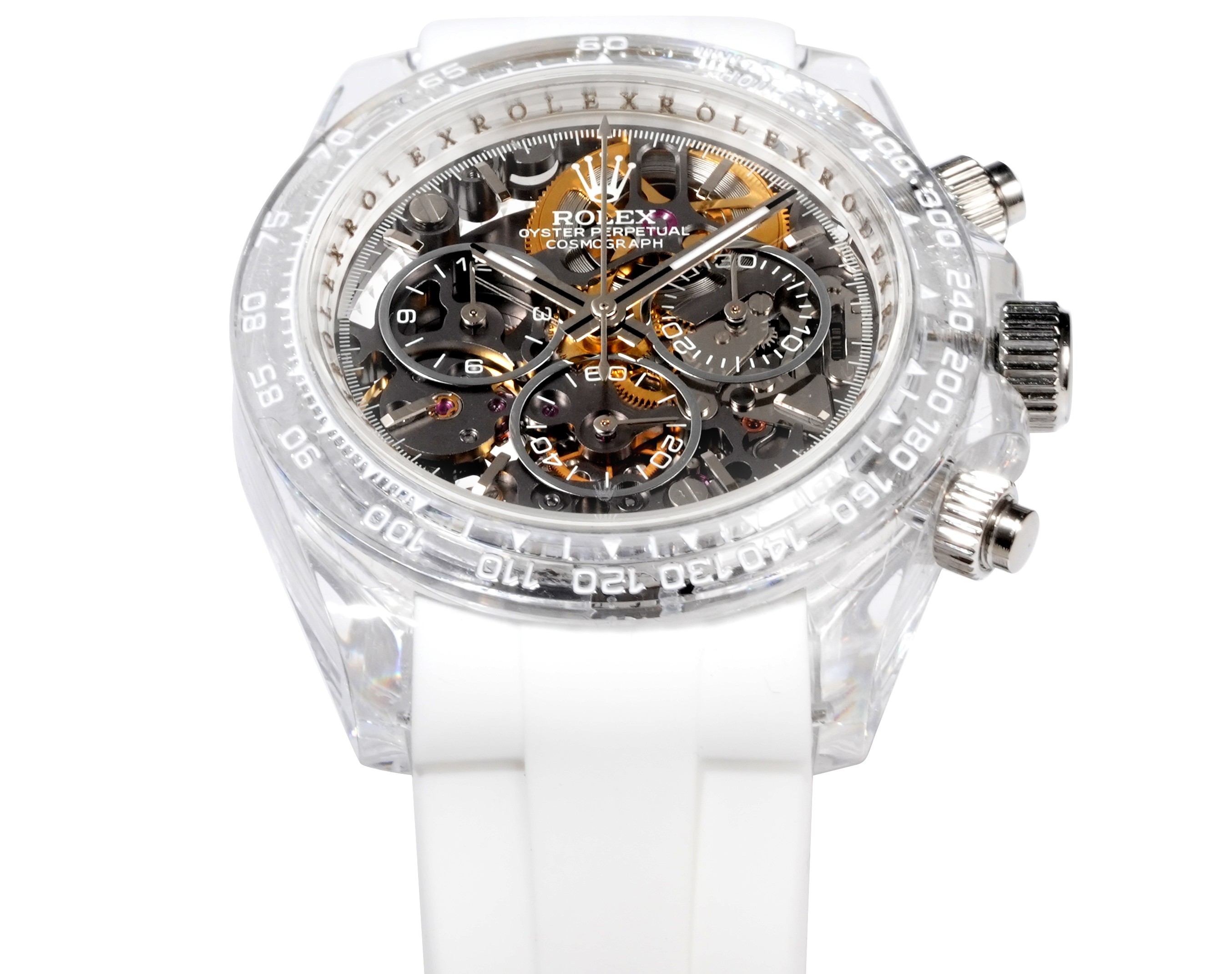 Rolex Cosmograph Daytona transparent case / bezel, skeleton dial, white strap 40mm Men's Automatic