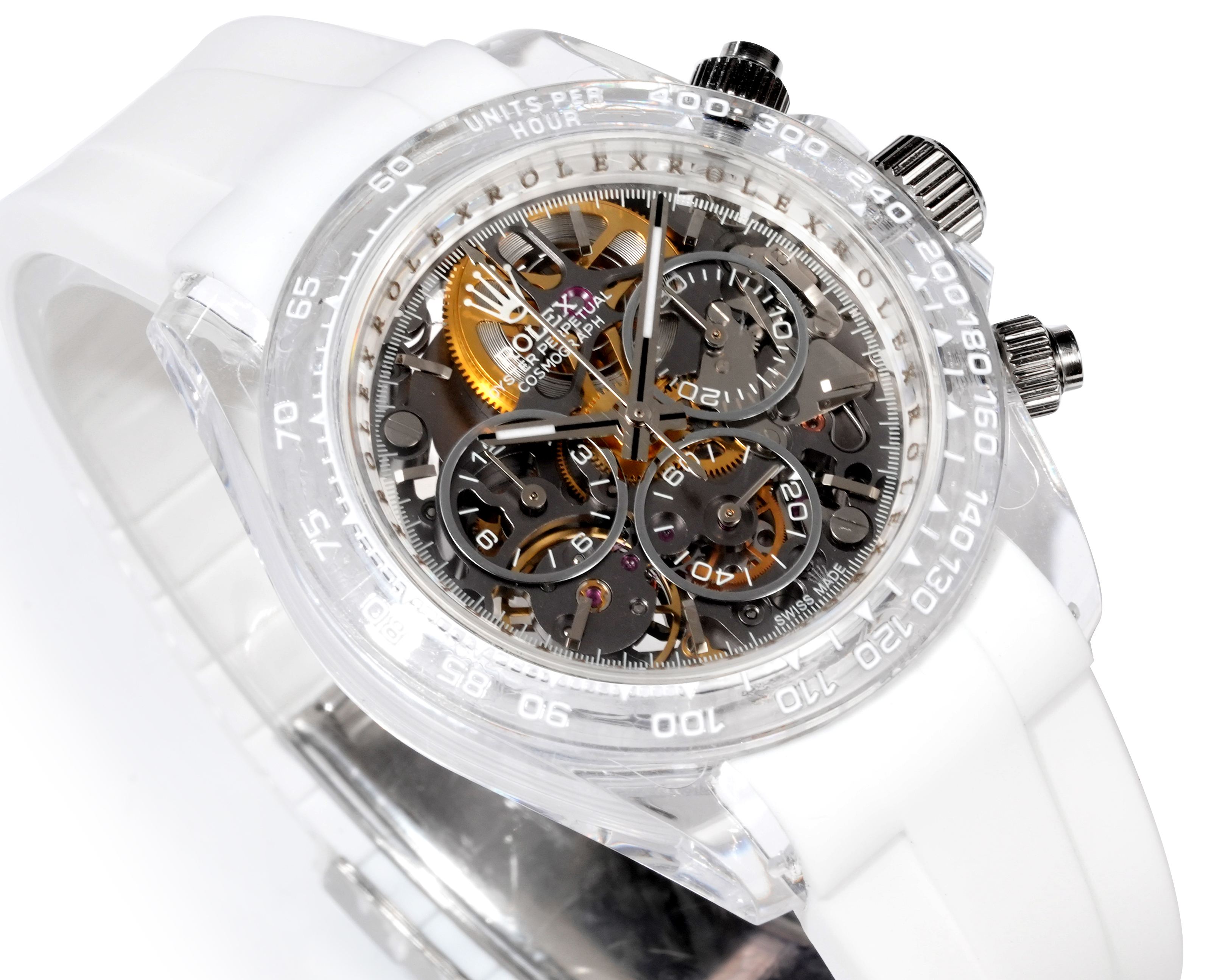 Rolex Cosmograph Daytona transparent case / bezel, skeleton dial, white strap 40mm Men's Automatic