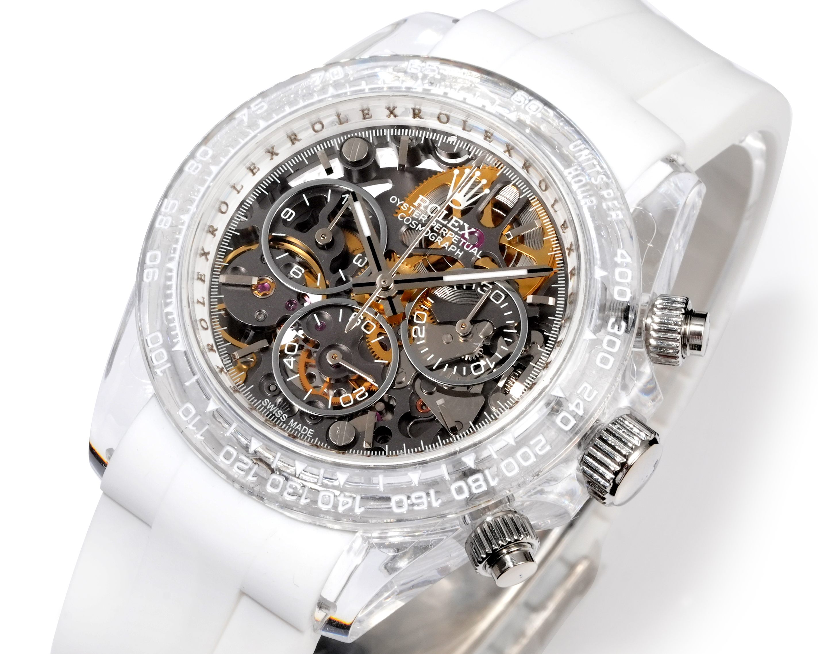 Rolex Cosmograph Daytona transparent case / bezel, skeleton dial, white strap 40mm Men's Automatic