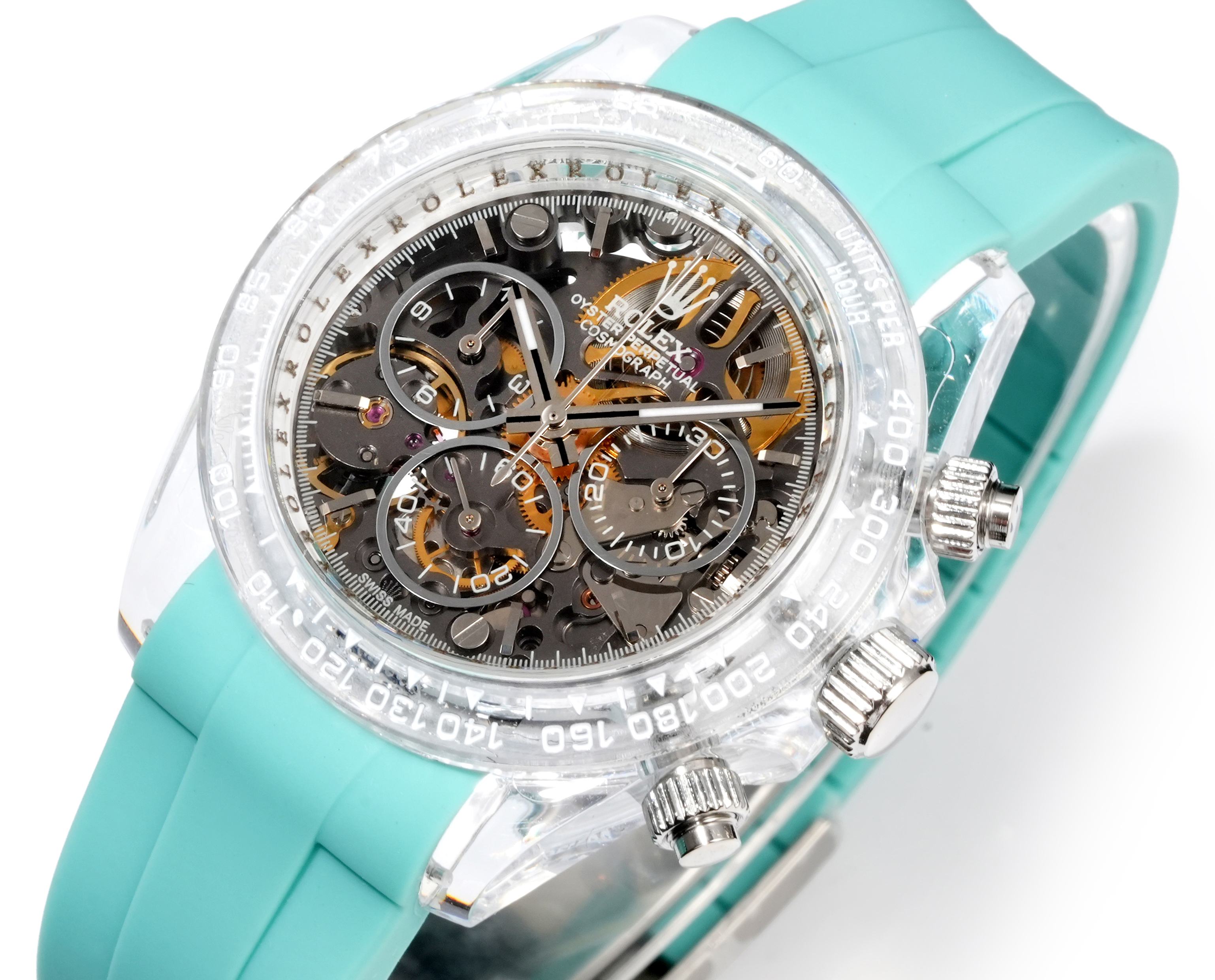 Rolex Cosmograph Daytona transparent case with Tiffany-blue rubber strap 40mm Men's Automatic