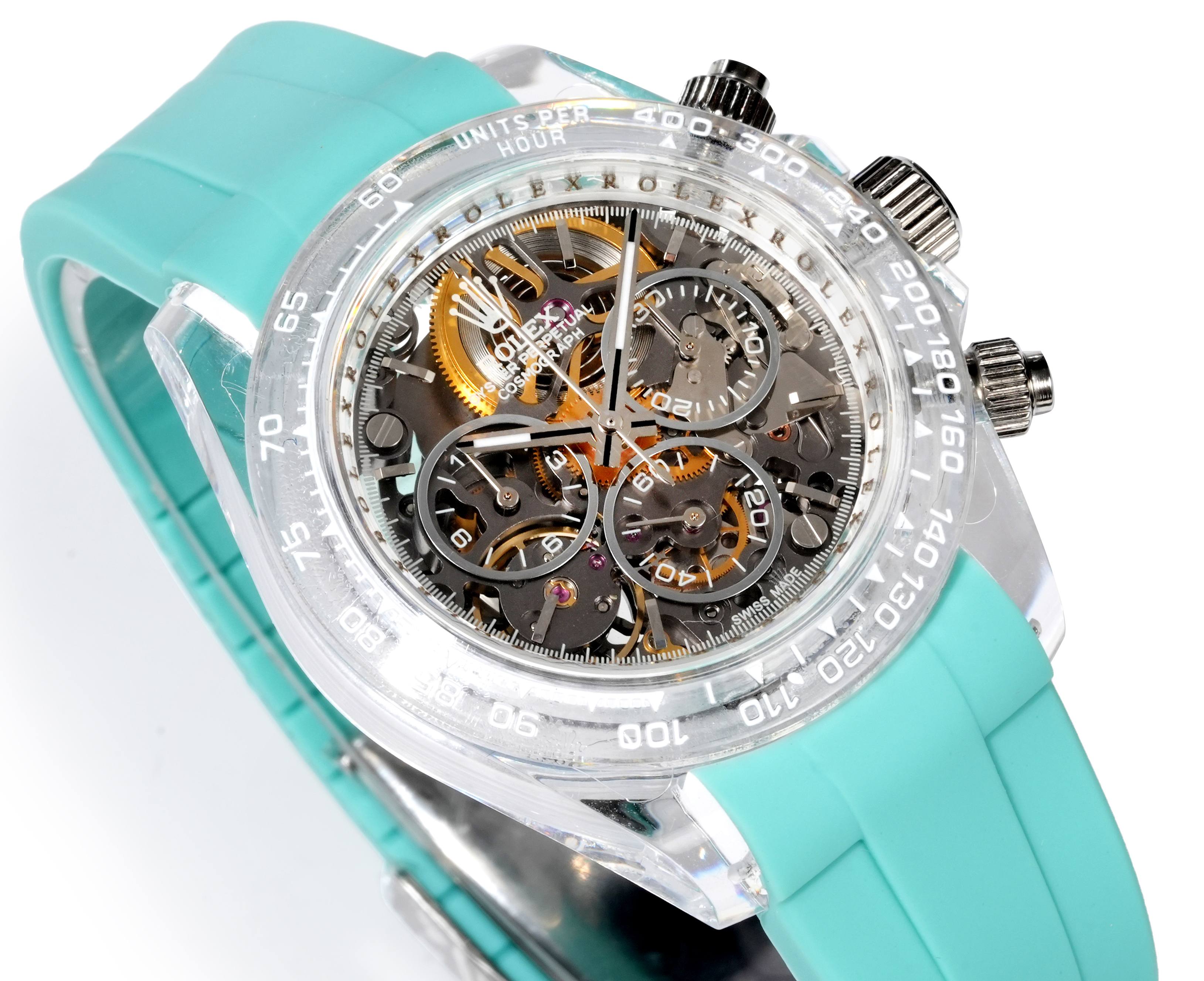 Rolex Cosmograph Daytona transparent case with Tiffany-blue rubber strap 40mm Men's Automatic