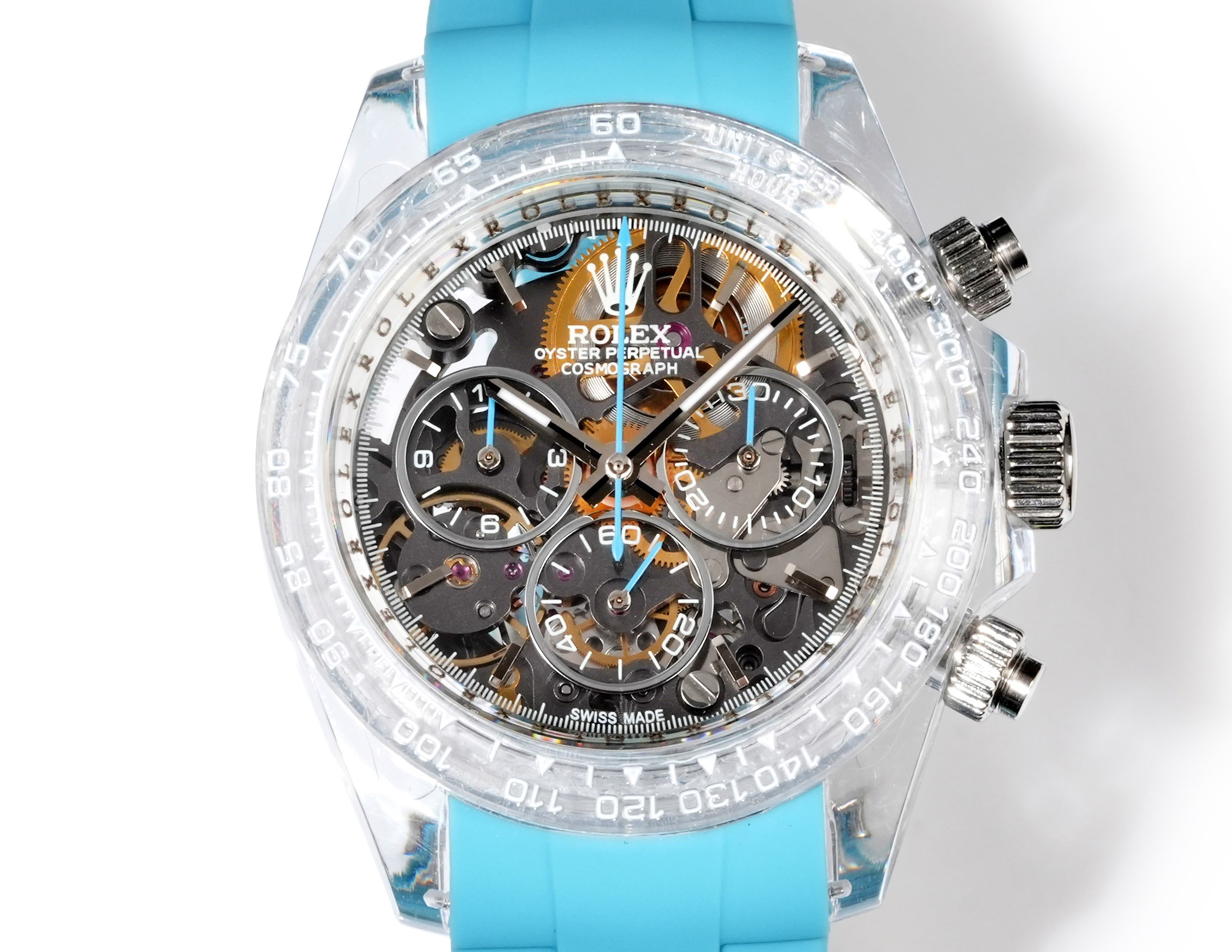 Rolex Cosmograph Daytona transparent case and bezel, skeleton dial, turquoise rubber strap 40mm Men's Automatic